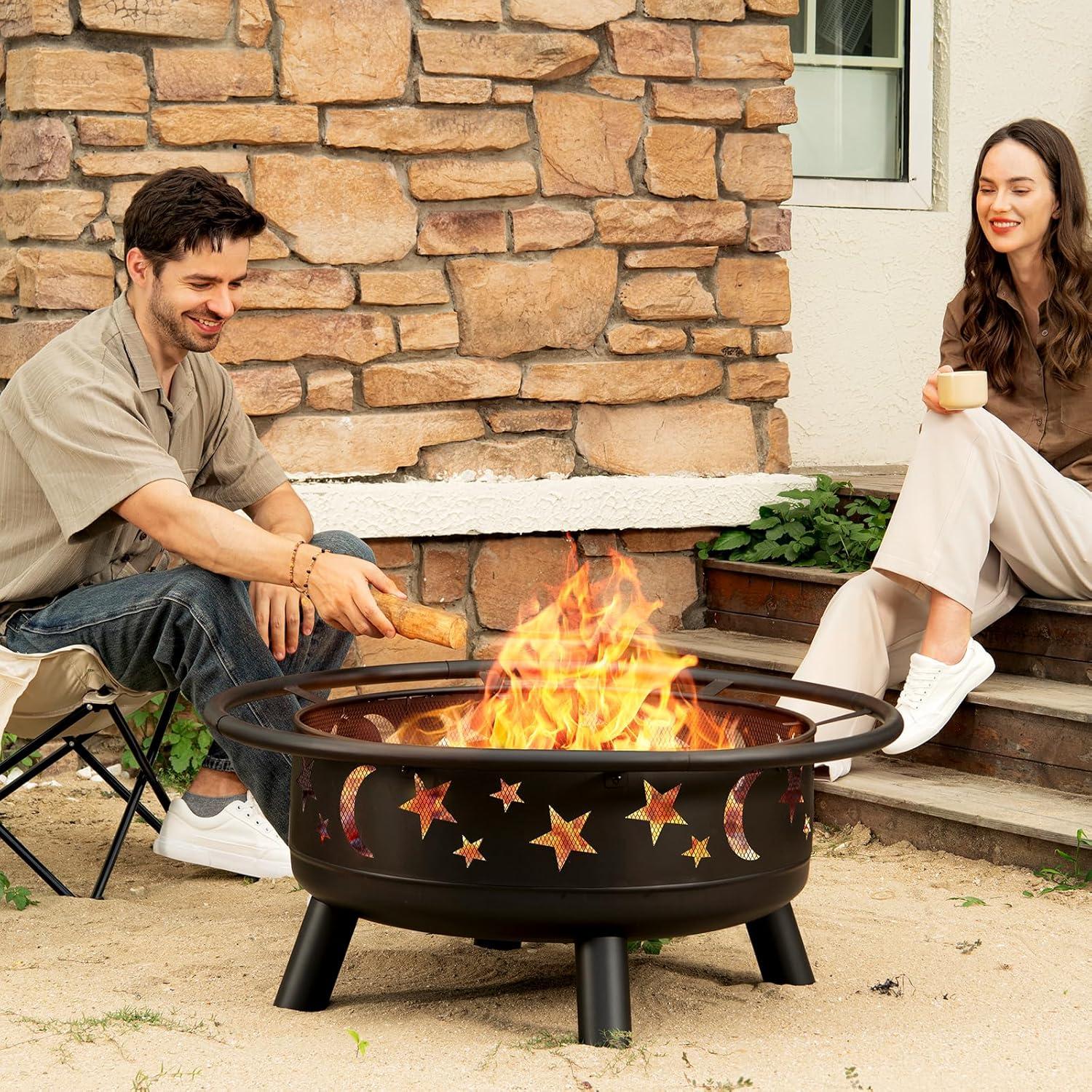 Pure Garden 32-Inch Outdoor Wood Burning Fire Pit with PVC Cover (Black)