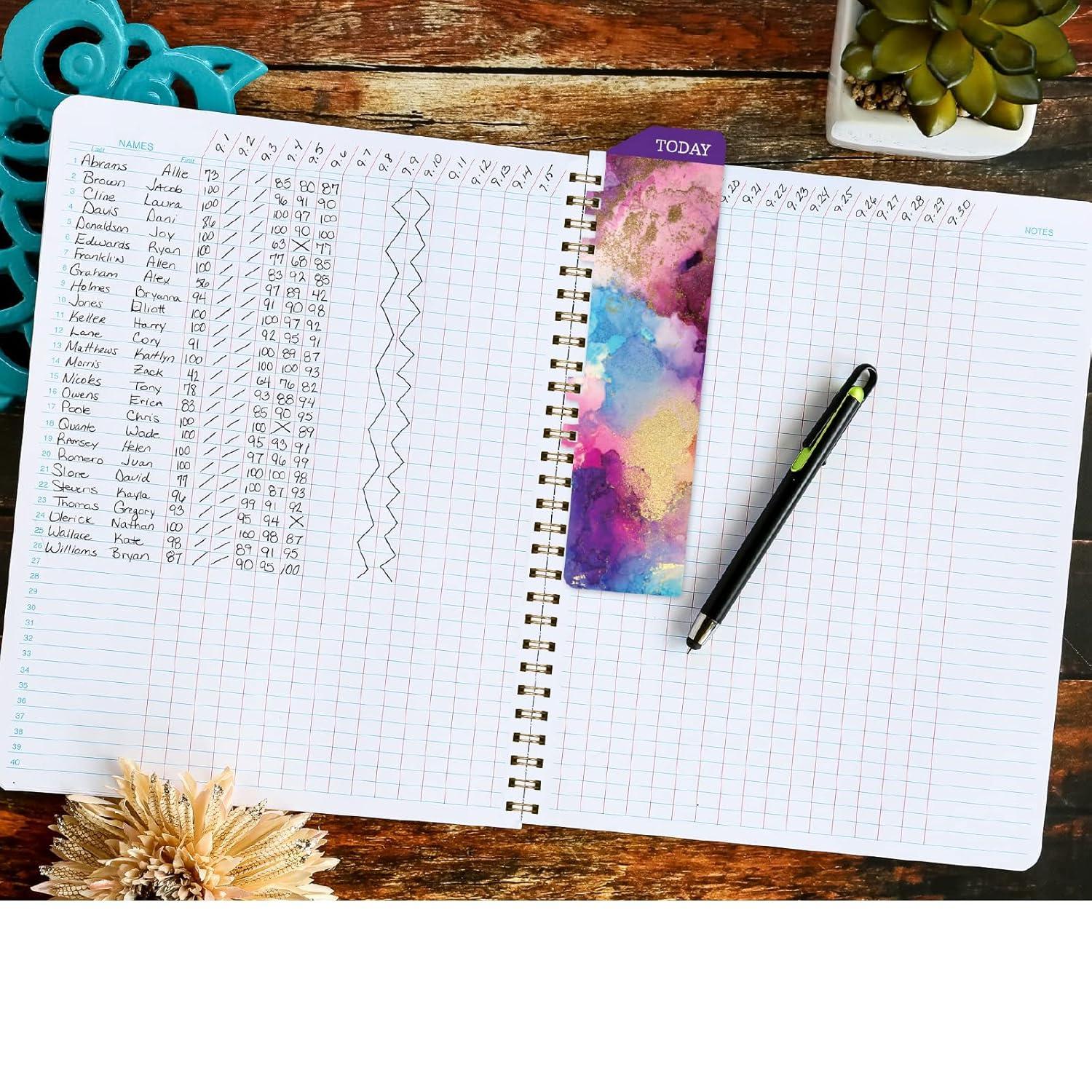 Elan Publishing Company HARDCOVER 6 Period Teacher Lesson Plan - Days Vertically Down The Side with Bonus Clip-in Bookmark (Rainbow Gold Marble)