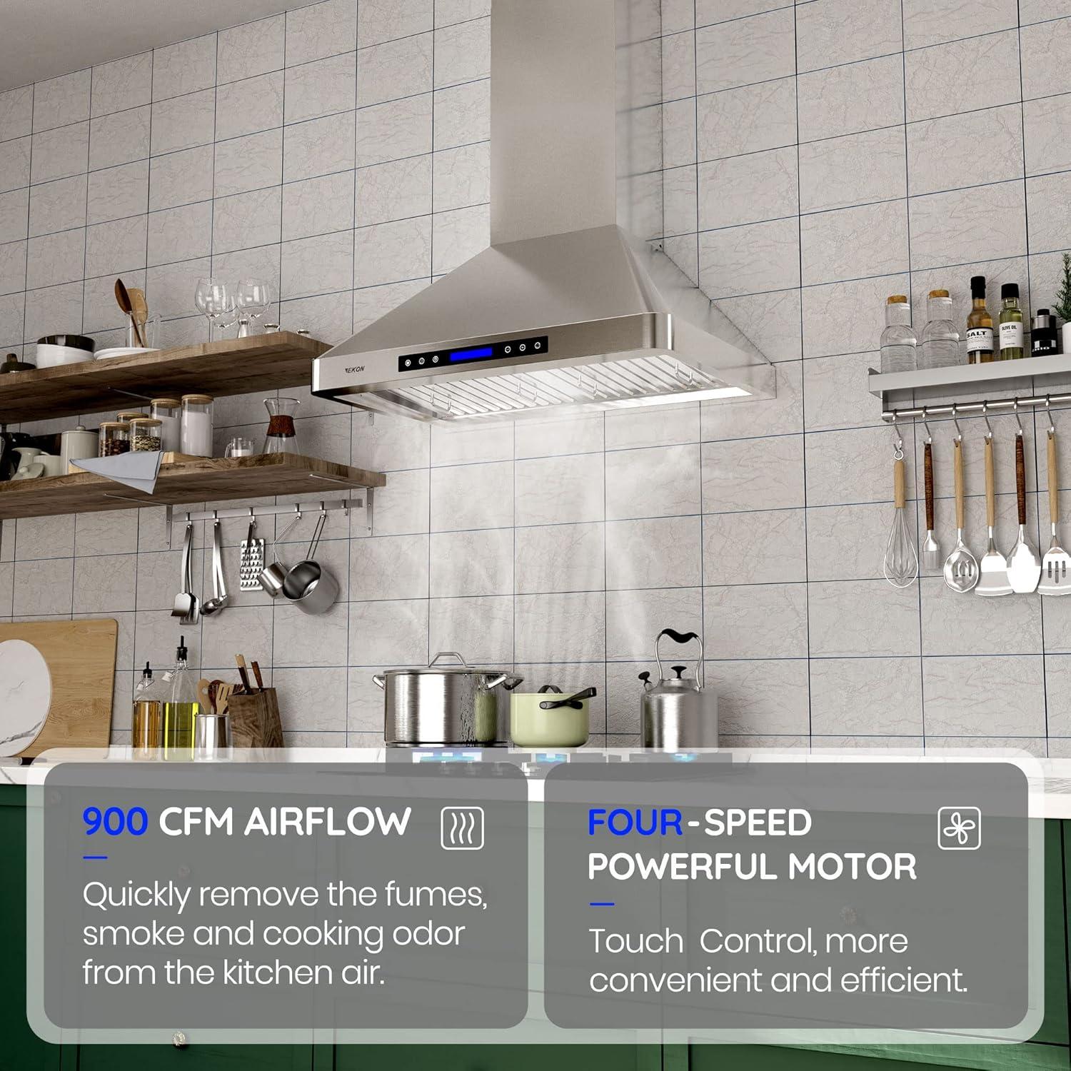Fuhuoso 36 in. 900CFM Convertible Wall Mount Range Hood with 4 Lights,Remote,Touch Control,Long-term Warranty in Stainless Steel