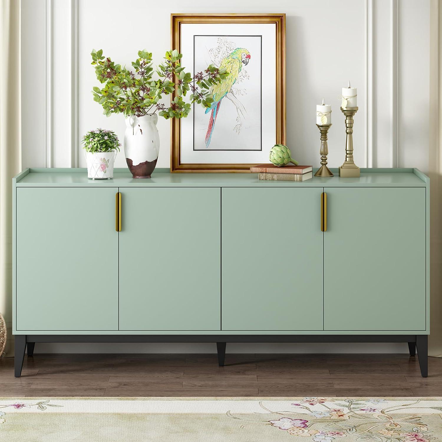 Green MDF and Wood 63-Inch Sideboard Cabinet with Gold Accents