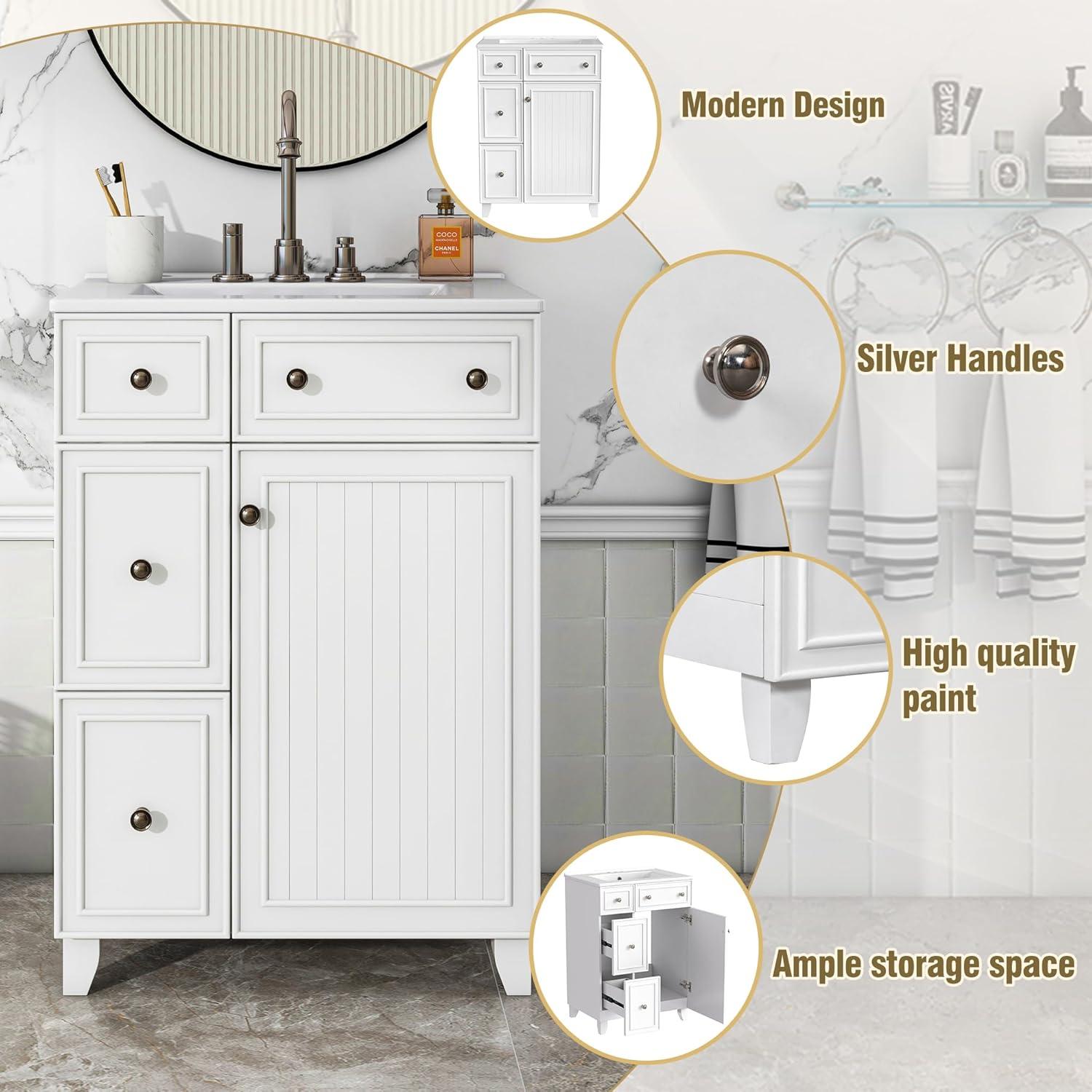 Harper & Bright Designs 24" Bathroom Vanity with Sink, Free Standing Single Basin Vanity Set with Two Drawers and One Door, Modern Wooden Bathroom Cabinet with Ceramic Basin for Bathroom, White