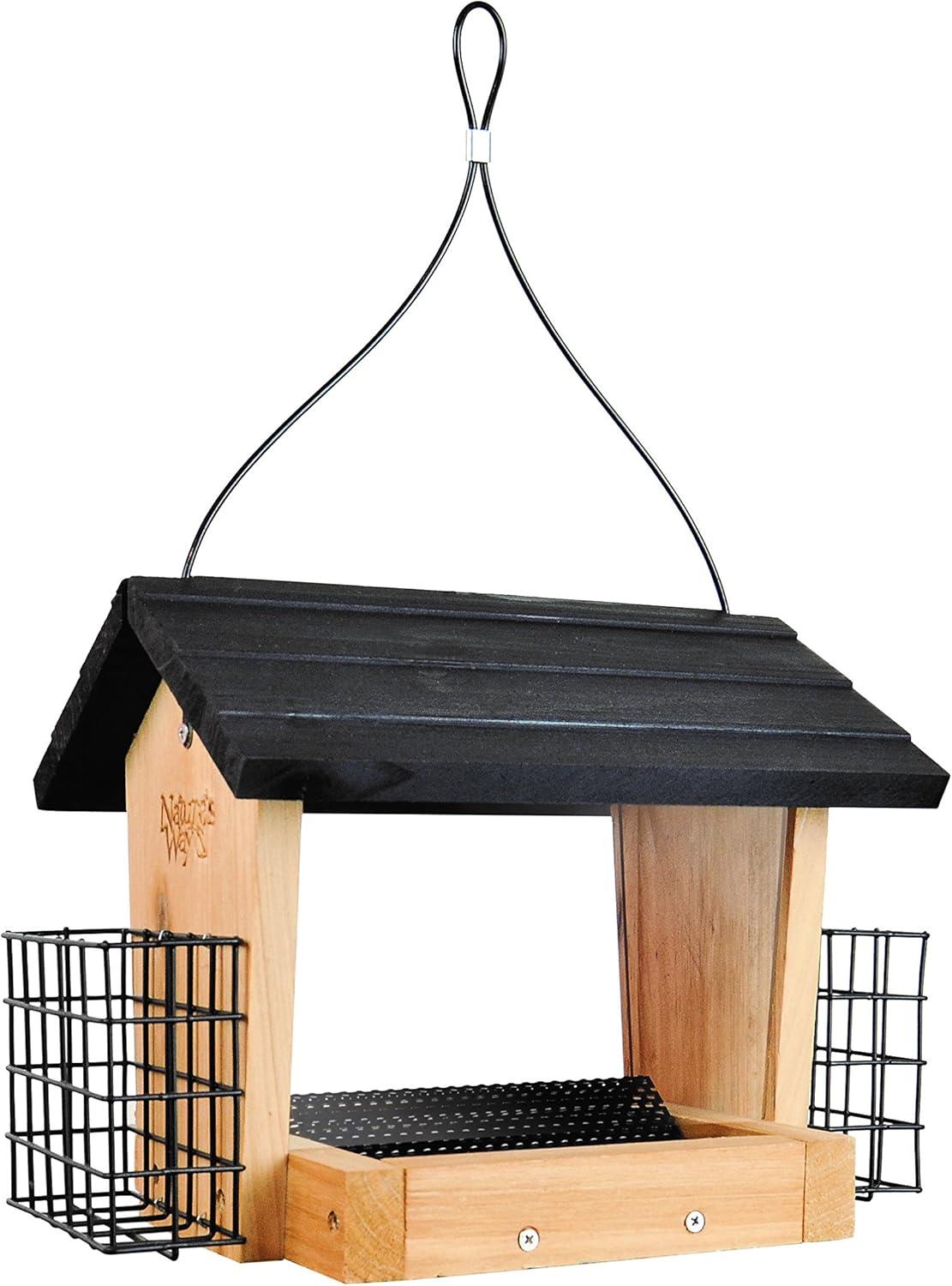 Nature's Way Bird Products 3qt Cedar Hopper Feeder with Suet Cages 8.5": Attracts Cardinals & Woodpeckers, Easy Clean
