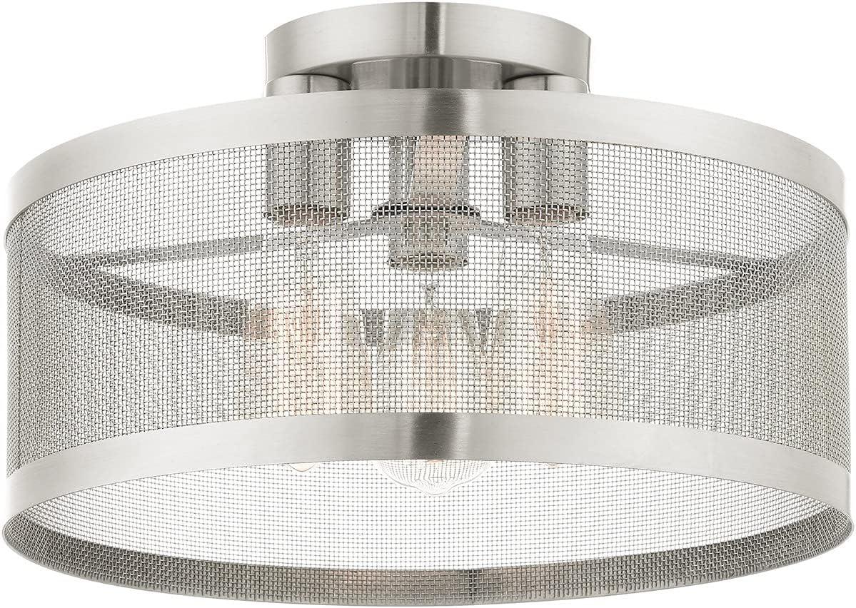 Brushed Nickel 3-Light LED Semi-Flush Drum with Stainless Mesh Shade