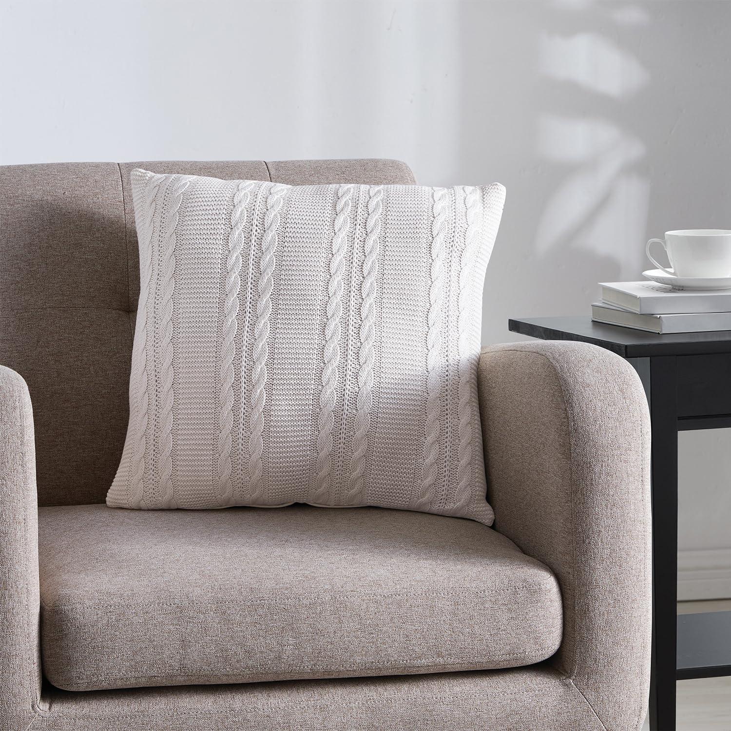 18"x18" Dublin Cable Knit Square Throw Pillow White - VCNY: Contemporary Decorative Cushion for Couch, Indoor Use, Hidden Zipper