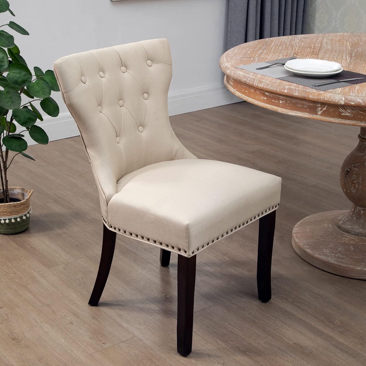 DAGONHIL Fabric Dining Chairs Set of 2, Tufted Dining Room Chairs,Upholstered Solid Wood Accent Chairs with Nail Heads and Buttons for Living Room, Beige