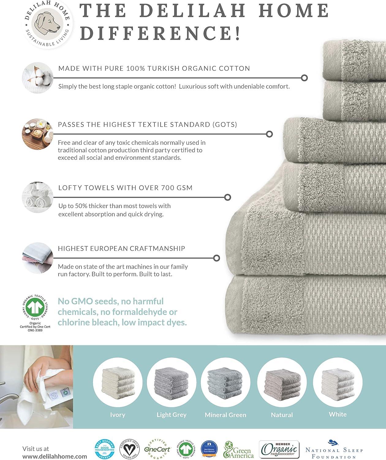 Delilah Home 100% Organic Cotton Towels, 6 piece set (2pcs 13x13,  2pcs 16x30, 2 pcs 30x54)