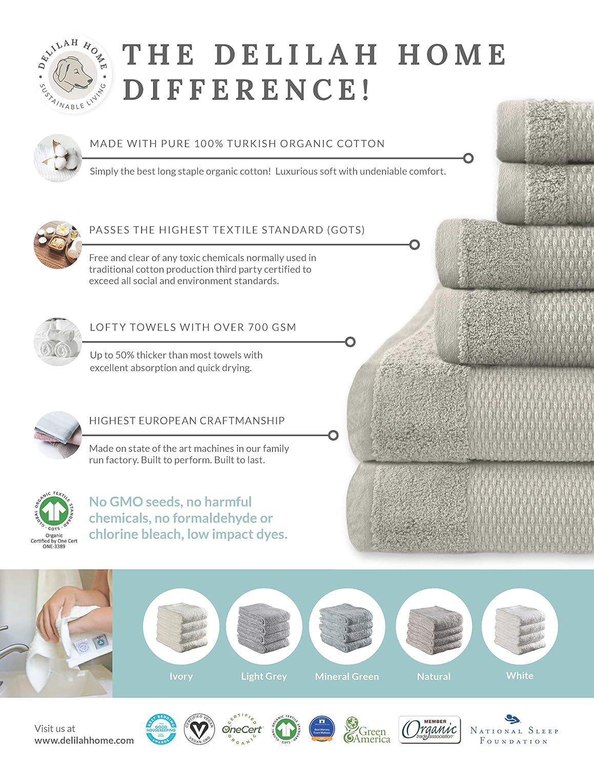 Delilah Home 100% Organic Cotton Towels, 6 piece set (2pcs 13x13,  2pcs 16x30, 2 pcs 30x54)