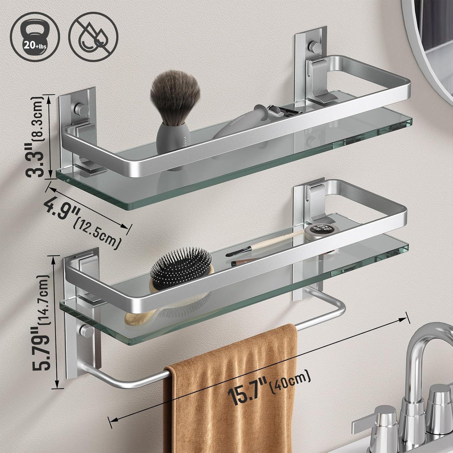 Matte Silver Bathroom Shelves Wall Mounted- Clear Tempered Glass Shelf with Towel Bar and Hand Towel Holder