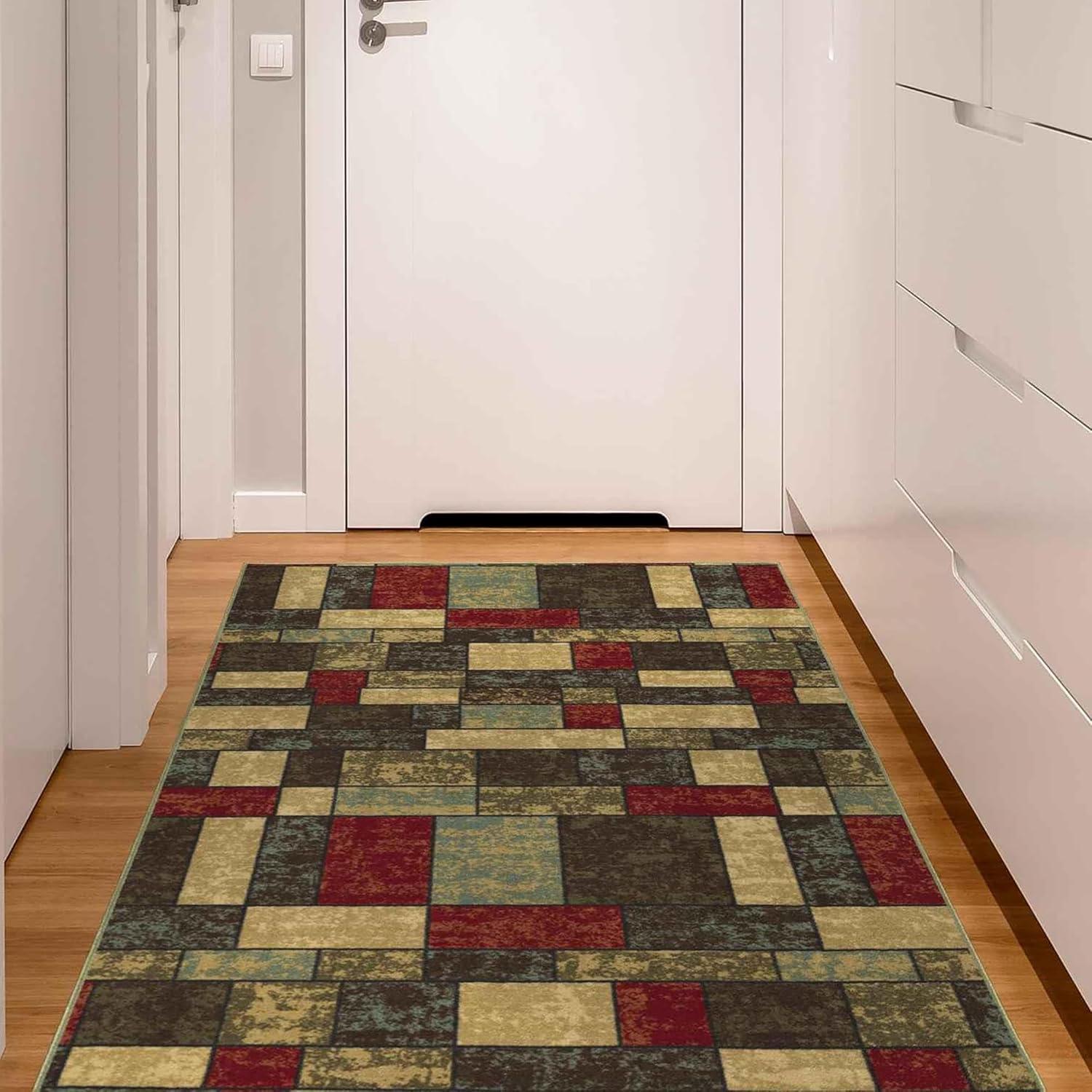 Ottohome  Machine Washable Non-Slip Boxes Area Rug For Living Room, Hallway Runner, Entryway Rug