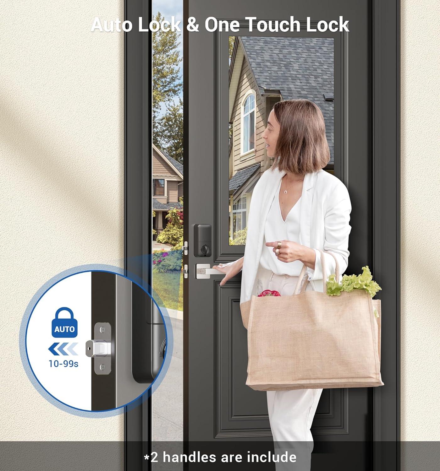 Veise Fingerprint Door Lock Set, Keyless Entry Door Lock, Front Handle Set, Electronic Keypad Deadbolt with Lever Handle, 2 Keys, Auto-Locking, One-time Codes, Easy to Install, Satin Nickel