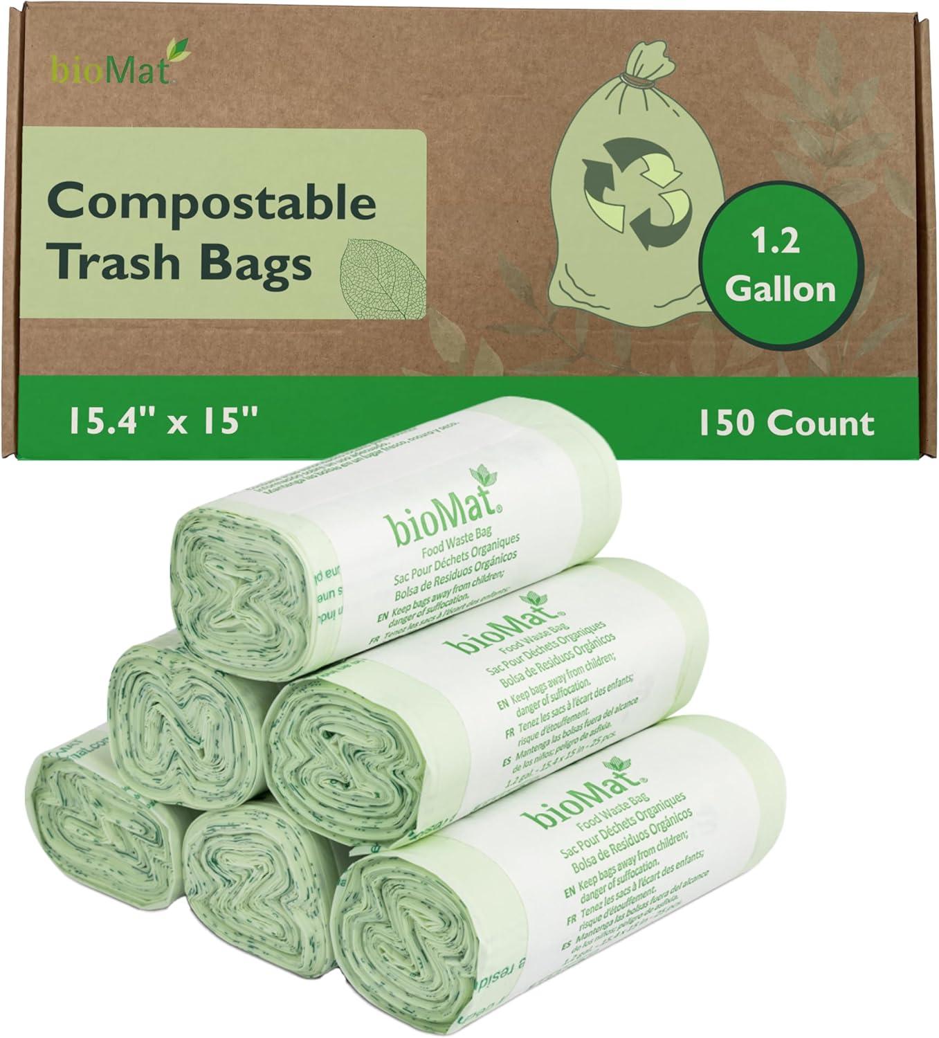 bioMat 1.2 Gallon Compostable Bags, 150 Count, Tear Resistant & Leak Proof