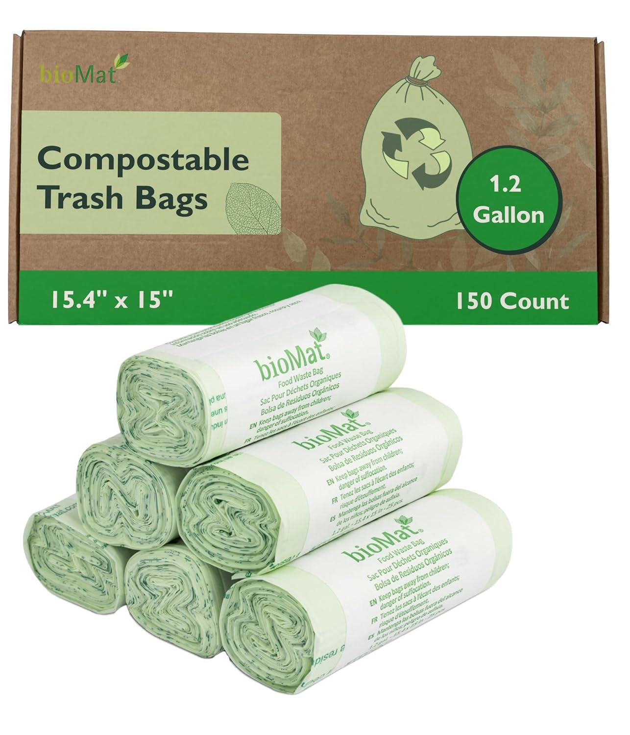 bioMat 1.2 Gallon Compostable Bags, 150 Count, Tear Resistant & Leak Proof