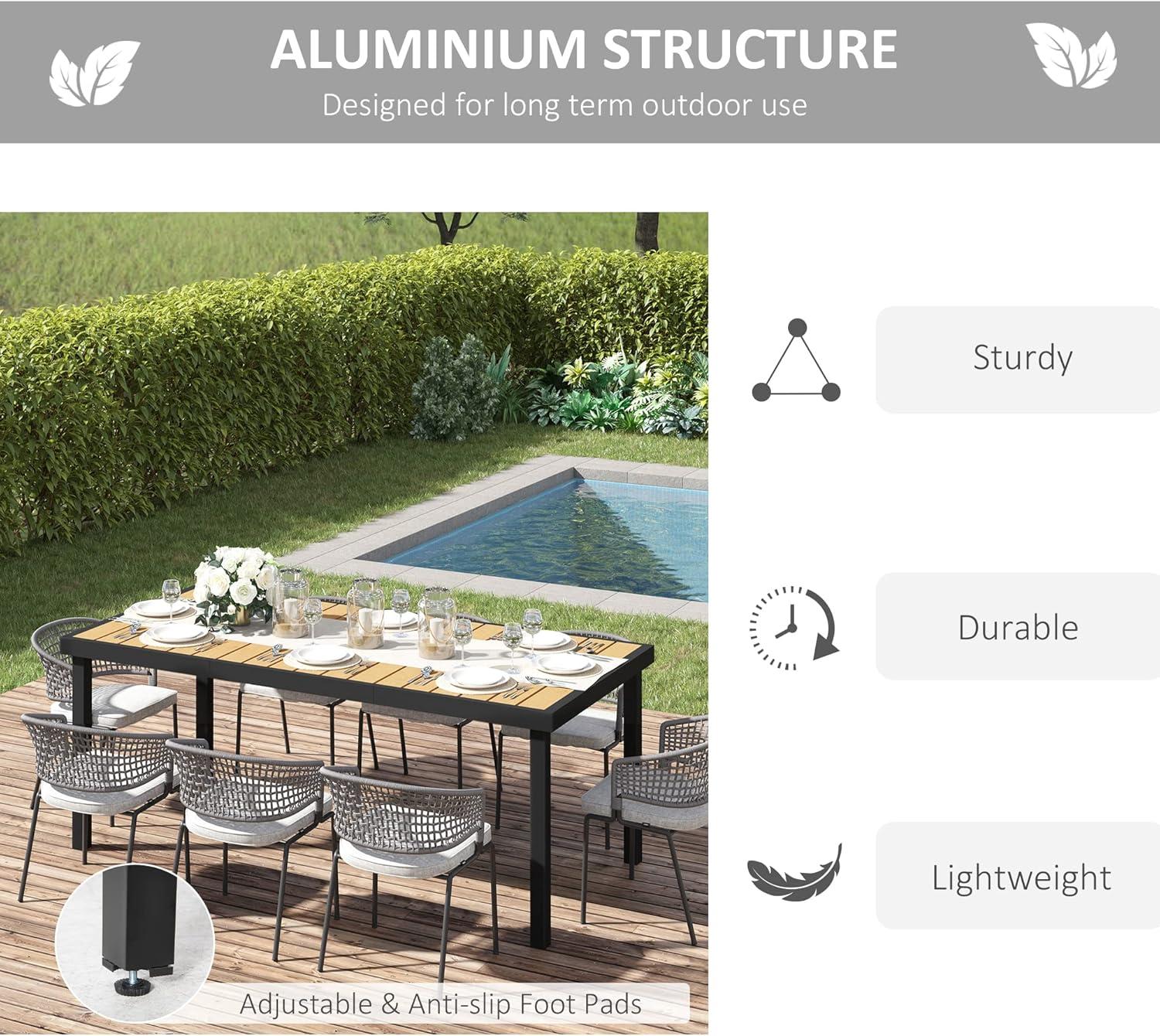 Outsunny 75" x 35" Outdoor Dining Table for 8 People, Rectangular Aluminum Frame Garden Table with All-Weather Faux Wood Top for Garden, Lawn, Patio, Natural