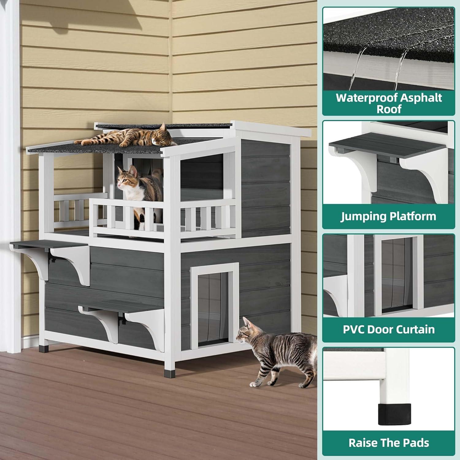 Archie & Oscar™ Outdoor Cat House 2-story Wooden Feral Cat Shelter with Balcony & Roof