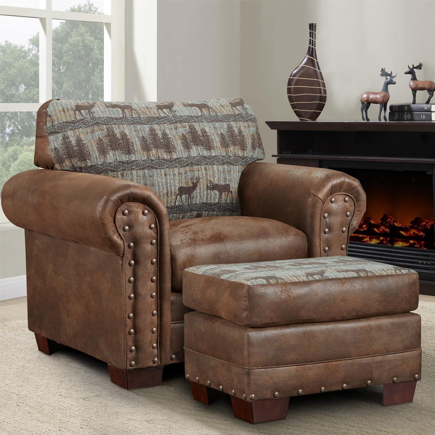 Rustic Lodge Deer Tapestry & Brown Microfiber Accent Chair Set