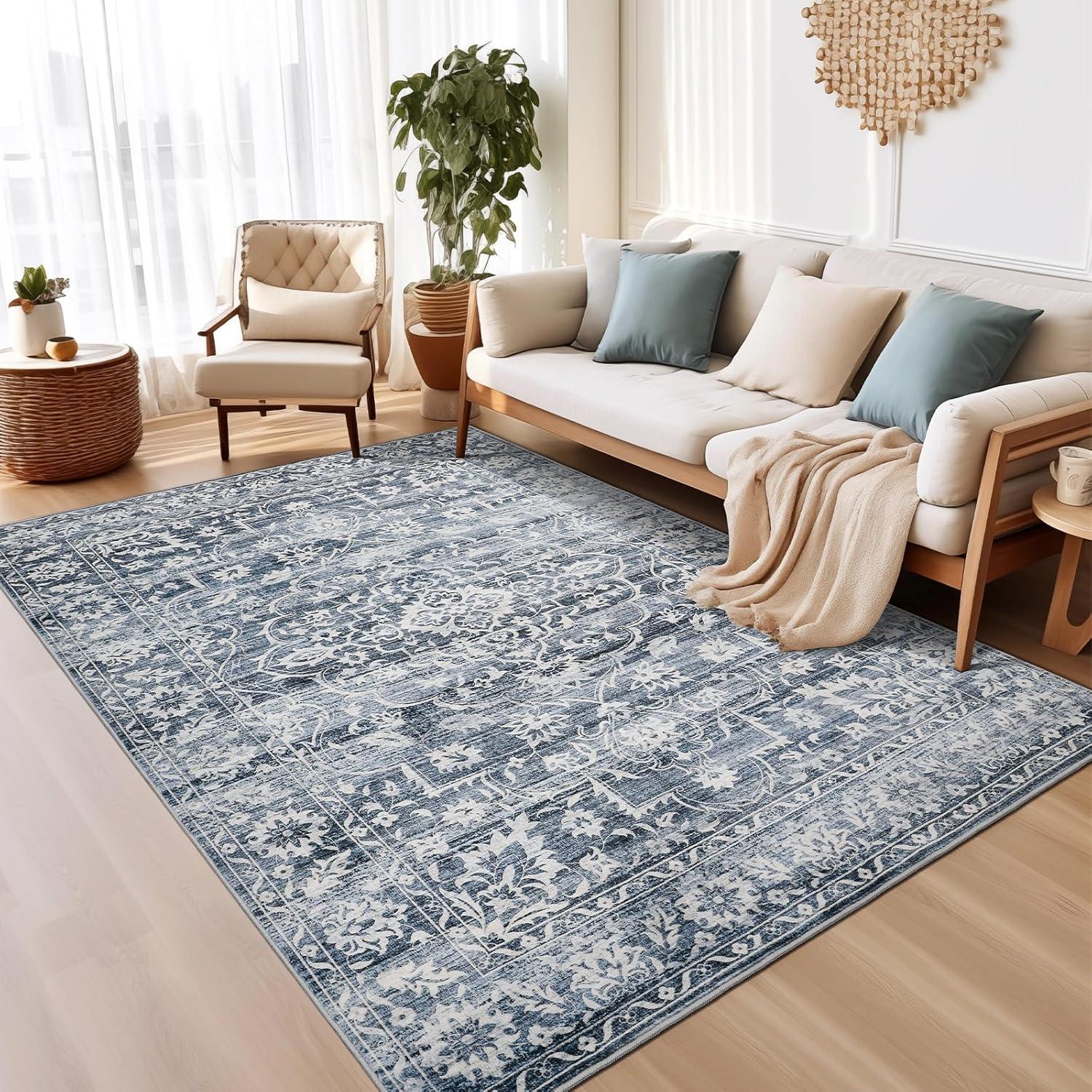 Navy Blue and Beige 6' x 9' Synthetic Stain-Resistant Area Rug