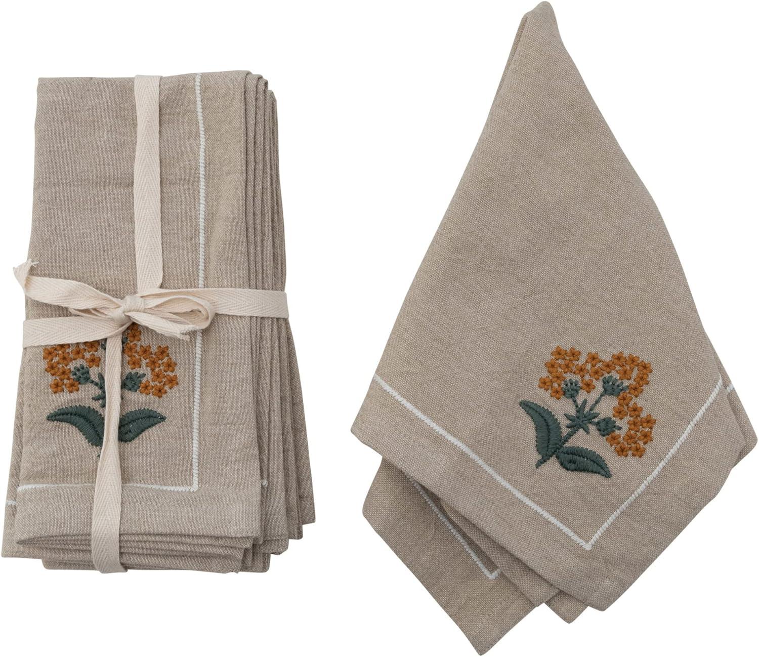 Oatmeal Cotton Napkins with Floral Embroidery, 18"x18"