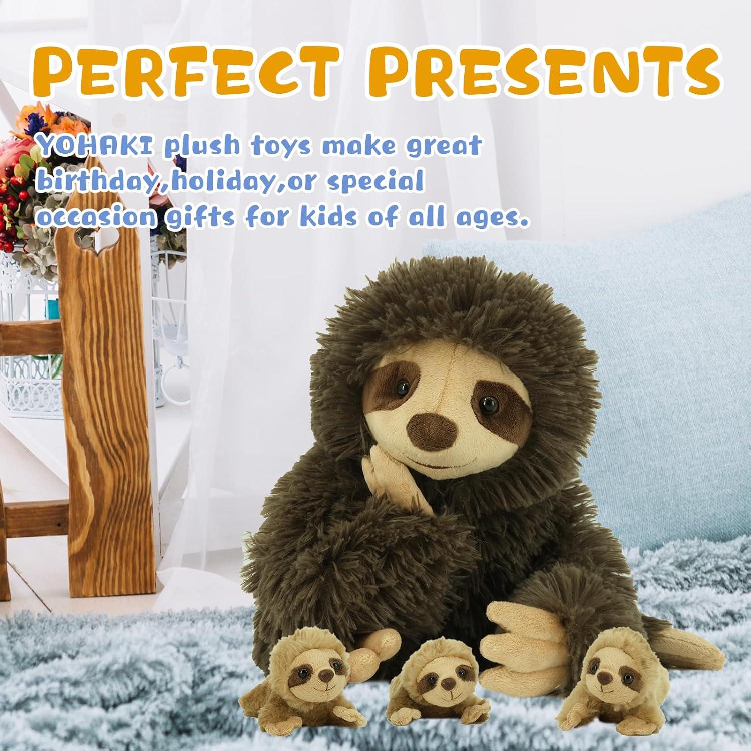 Brown Plush Sloth with 3 Baby Sloths, 11" Washable Toy