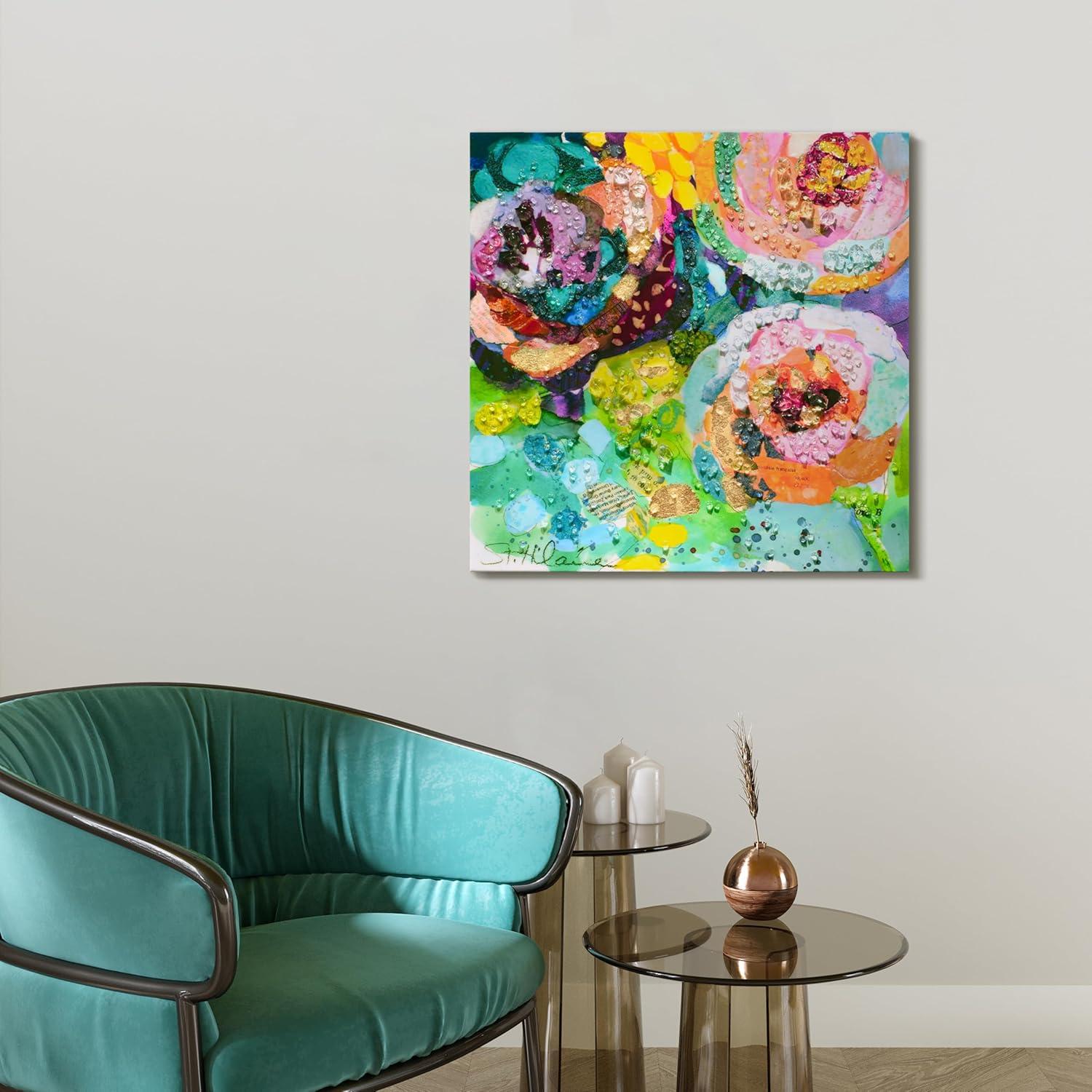"Floral Radiance I" Crystallus Epoxy Coated Wrapped Glossy Canvas Wall Art with Heavy Acrylic Crystal Shards Embellishments,