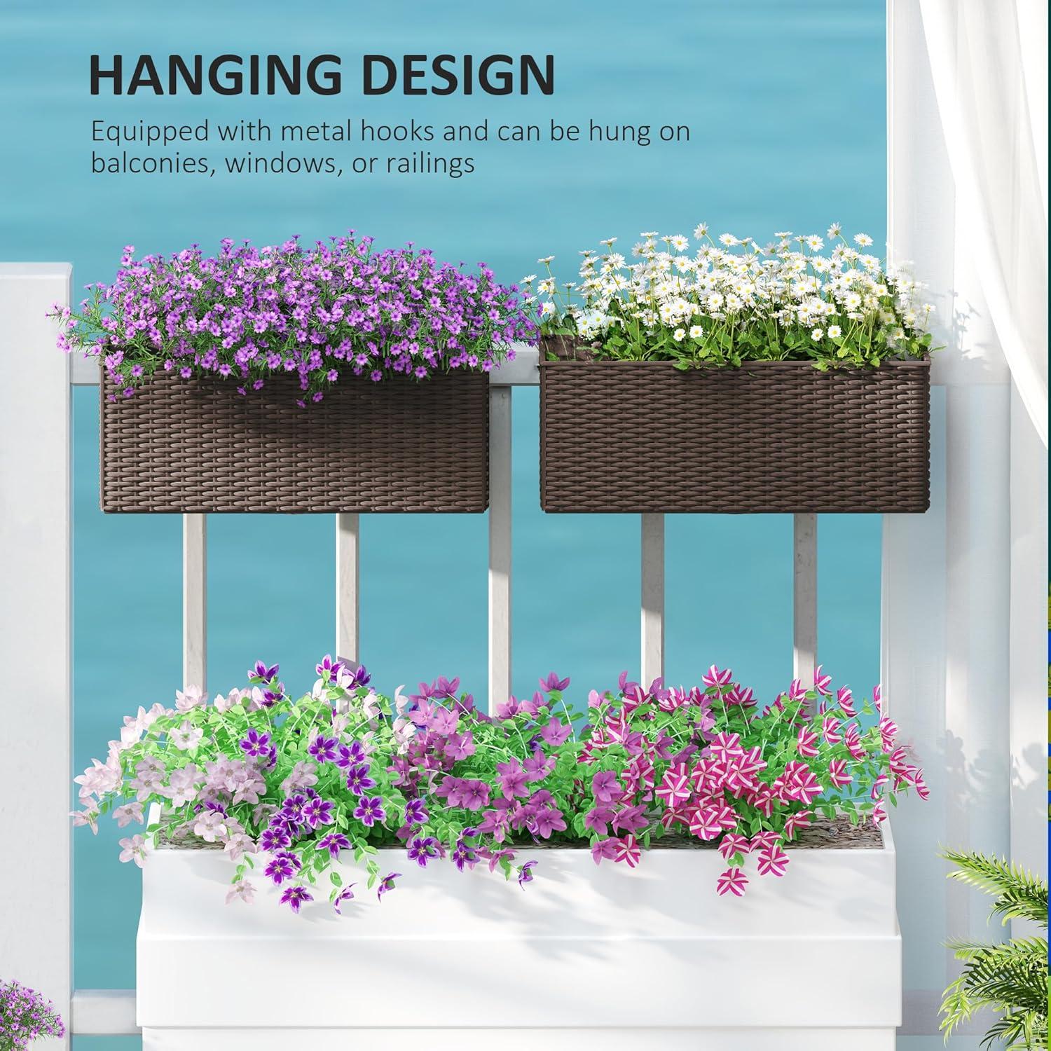 Outsunny Railing Planter Box (2 Pack, 20 Inch), Hanging Flower Pots with Hooks, Drainage Holes for Fence, Balcony, Garden, Patio, Rattan Look, Black