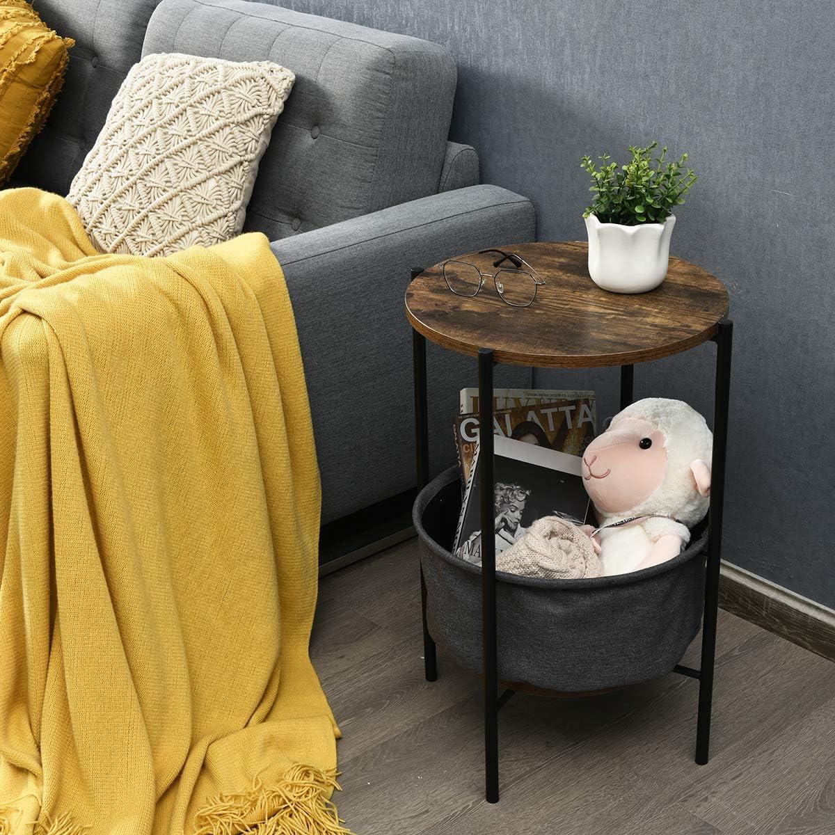 Round End Table Sofa Side Table Compact Table w Fabric Basket