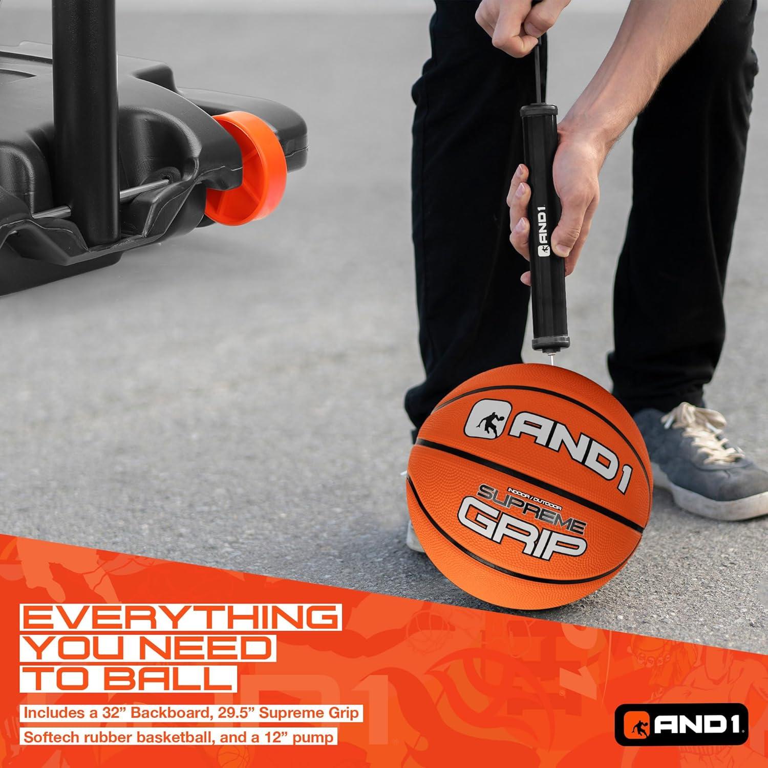 AND1 32" Youth Basketball Hoop & Basketball Bundle - Adjustable Portable Outdoor Hoop, 5-7 ft Adjustable Height