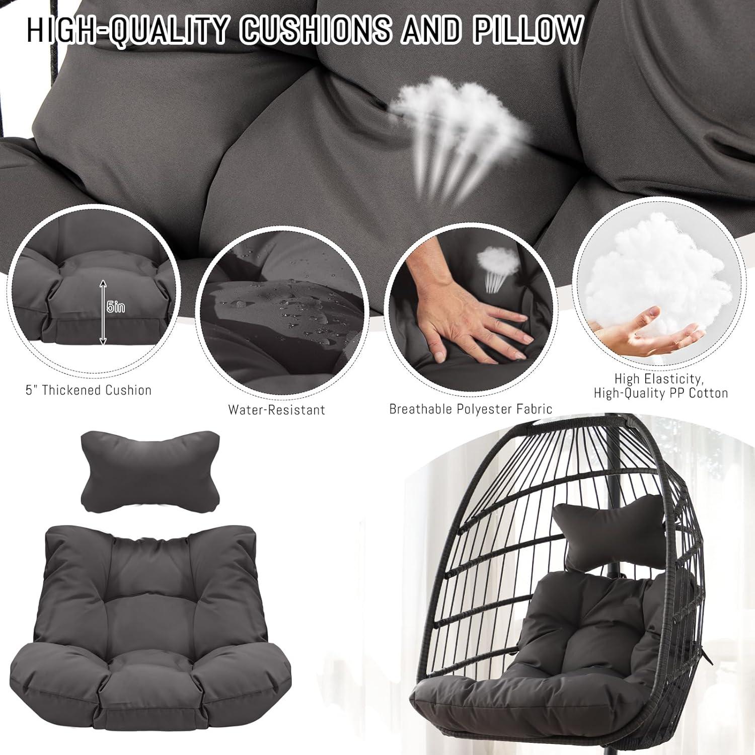 RADIATA Outdoor Foldable Hanging Egg Chair with Stand, PE Wicker Swing Chair with Cushion and Headrest, 350 lbs Capacity, Beige