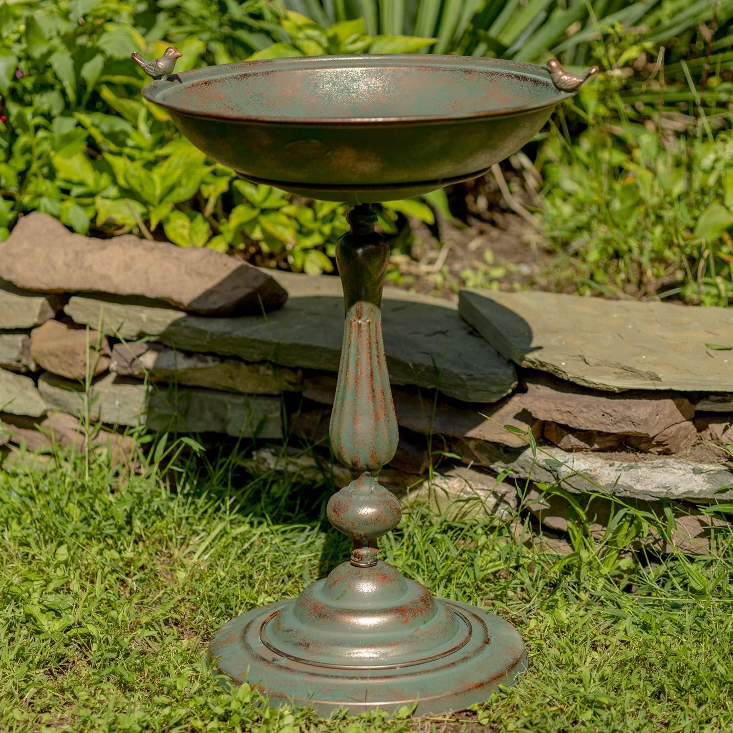 Bronze Ornate Pedestal Birdbath with Cast Iron Birds