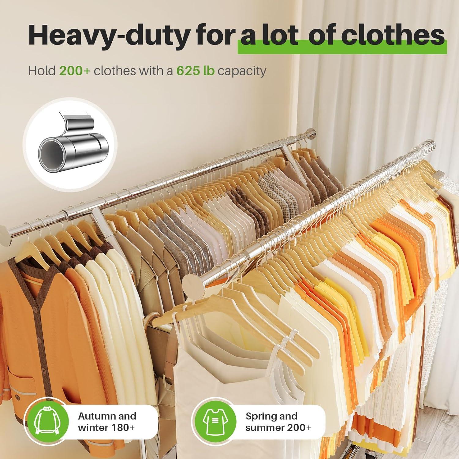 HOKEEPER Heavy Duty Clothing Clothes Rack for Hanging Clothes Adjustable Rolling Garment Rack with Wheels for Bedroom, Living Room (Double Rod with Metal Basket)