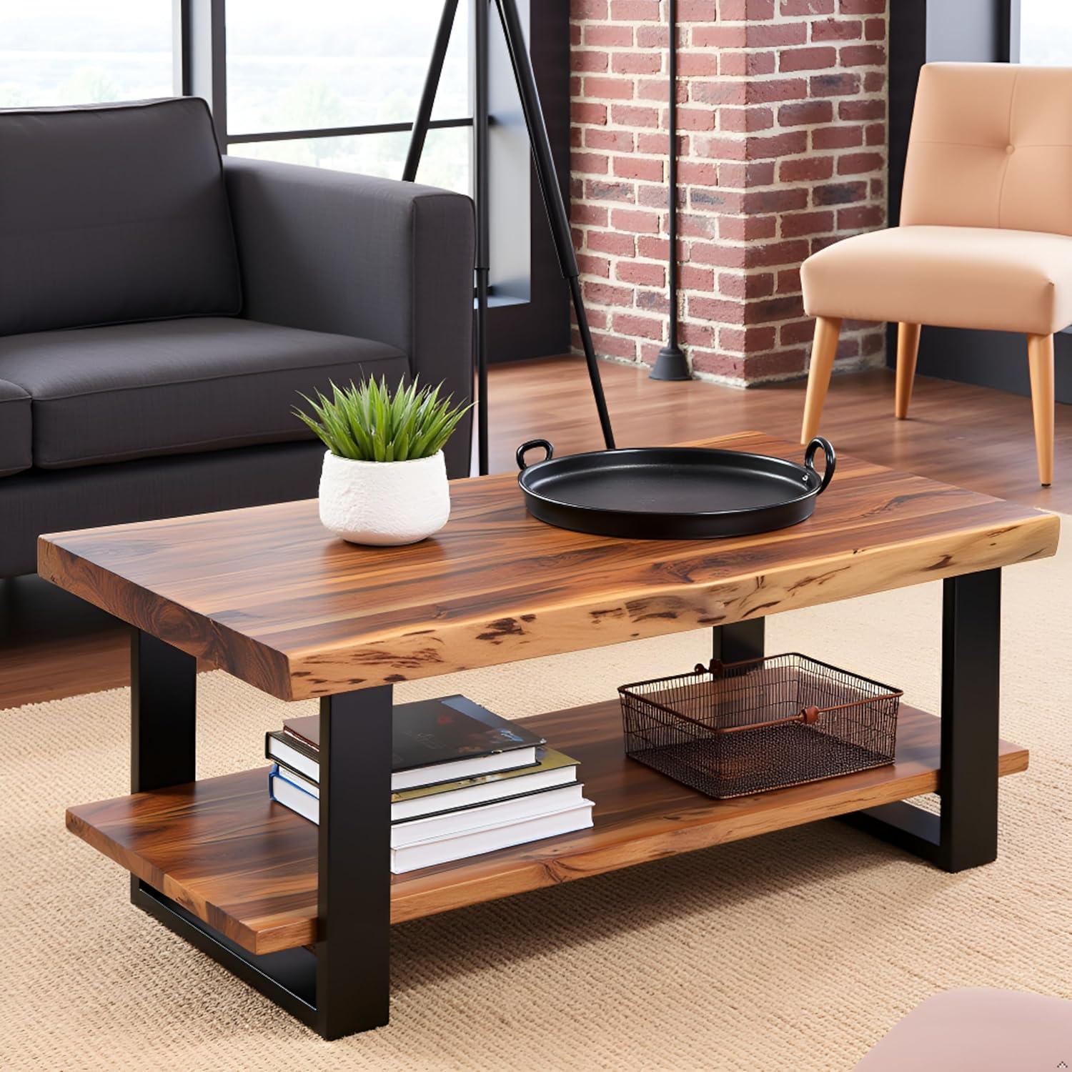 Alpine Live Edge Wood Coffee Table Natural - Alaterre Furniture: Acacia Sofa Table, Metal Legs, Rectangular