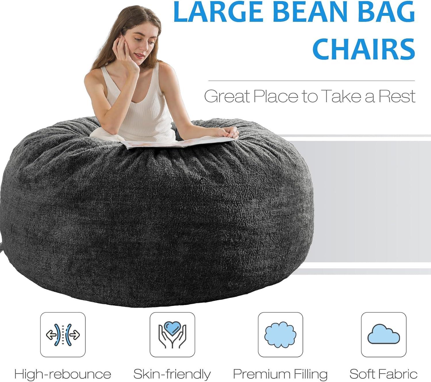 Dark Gray Sherpa Memory Foam Bean Bag Chair, 3-Foot