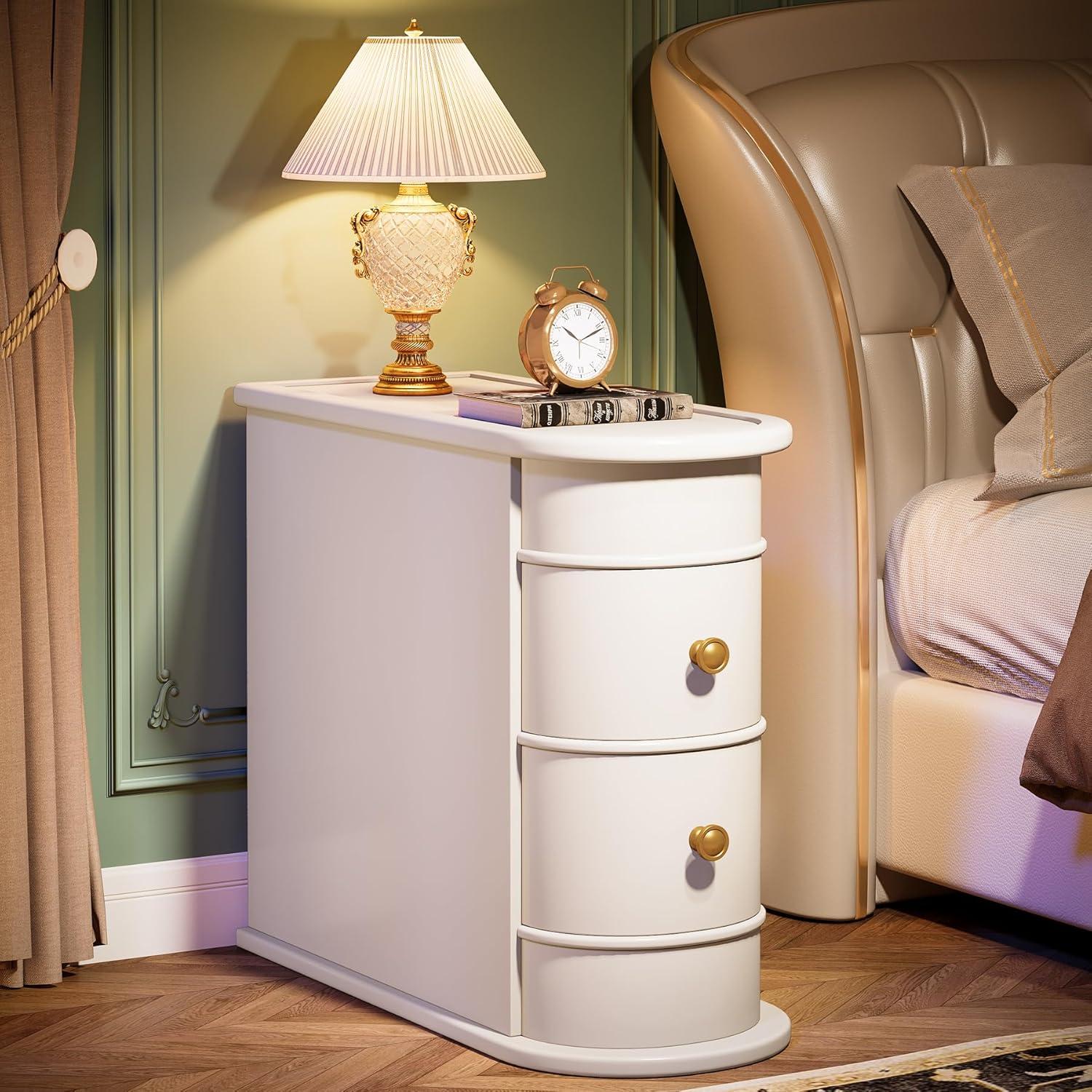 Hommoo Wood Narrow Nightstand with 2 Drawers Off-White