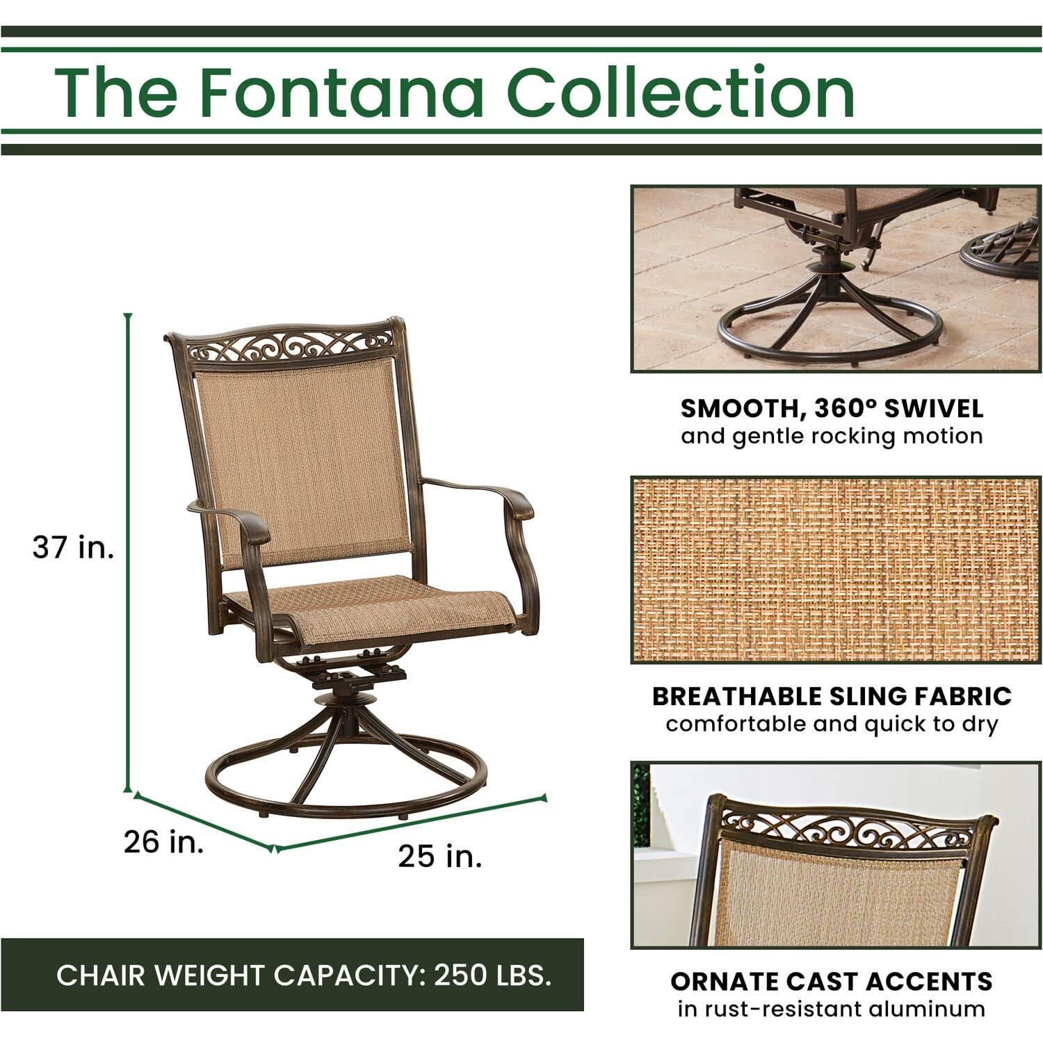 Hanover Fontana 7-Piece Outdoor Dining Set with 2 Sling Swivel Rockers, 4 Sling Chairs, and a 38-In. x 72-In. Cast-Top Table