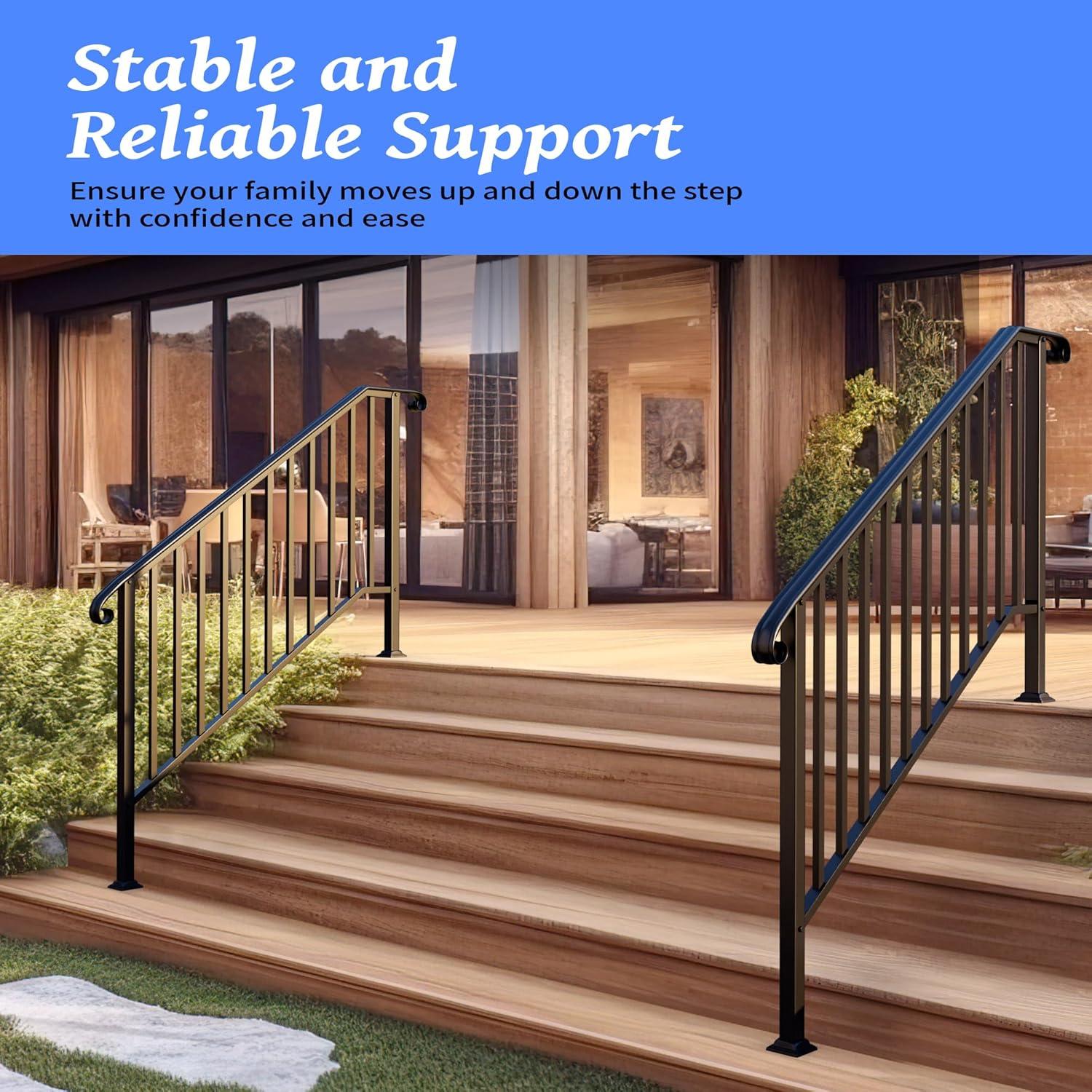 2 Pack 5 Step Handrails for Outdoor Steps, Wrought Iron Stair Railing Fits 4 or 5 Steps, Metal Hand Rail with Installation Kit, Staircase Handrails for Concrete, Porch, Deck, Exterior Steps, Black