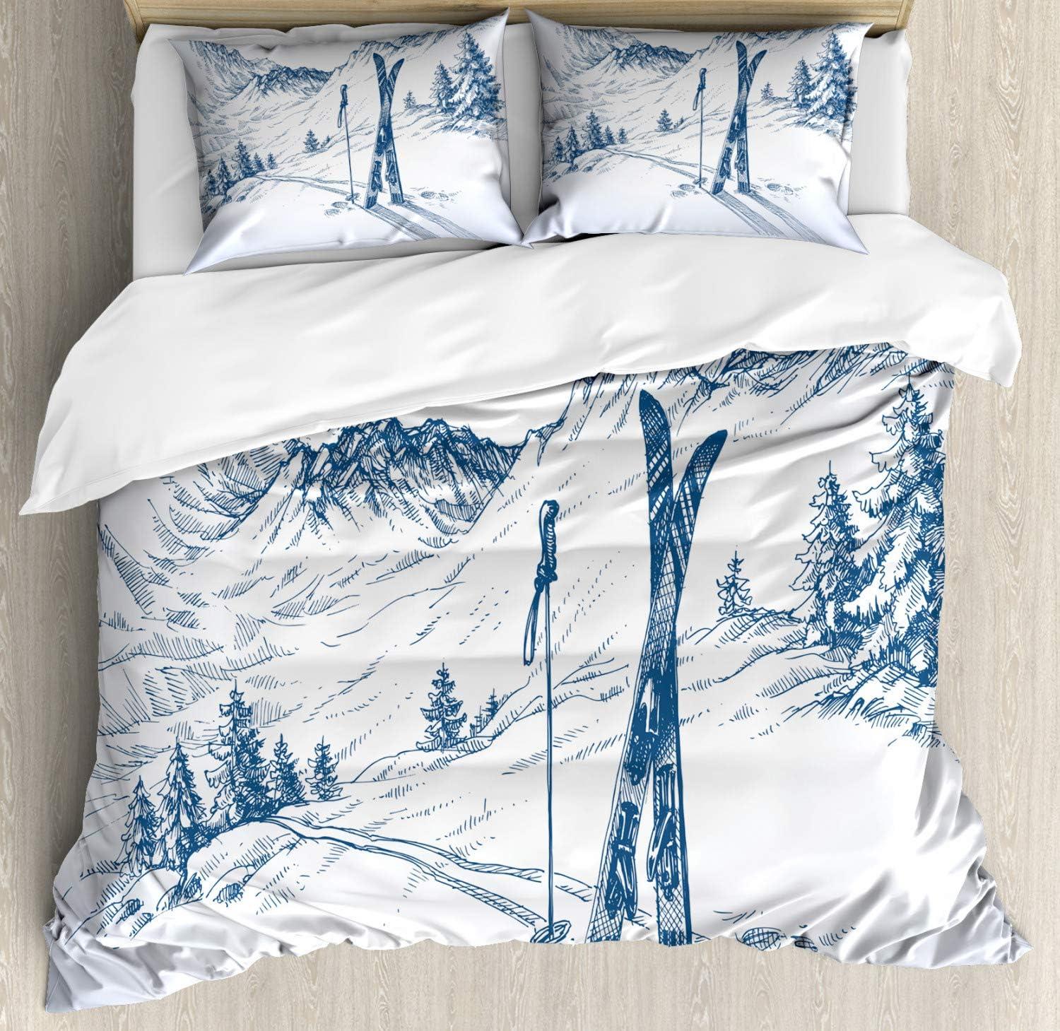 Queen Blue and White Winter Ski Scene Duvet Cover Set