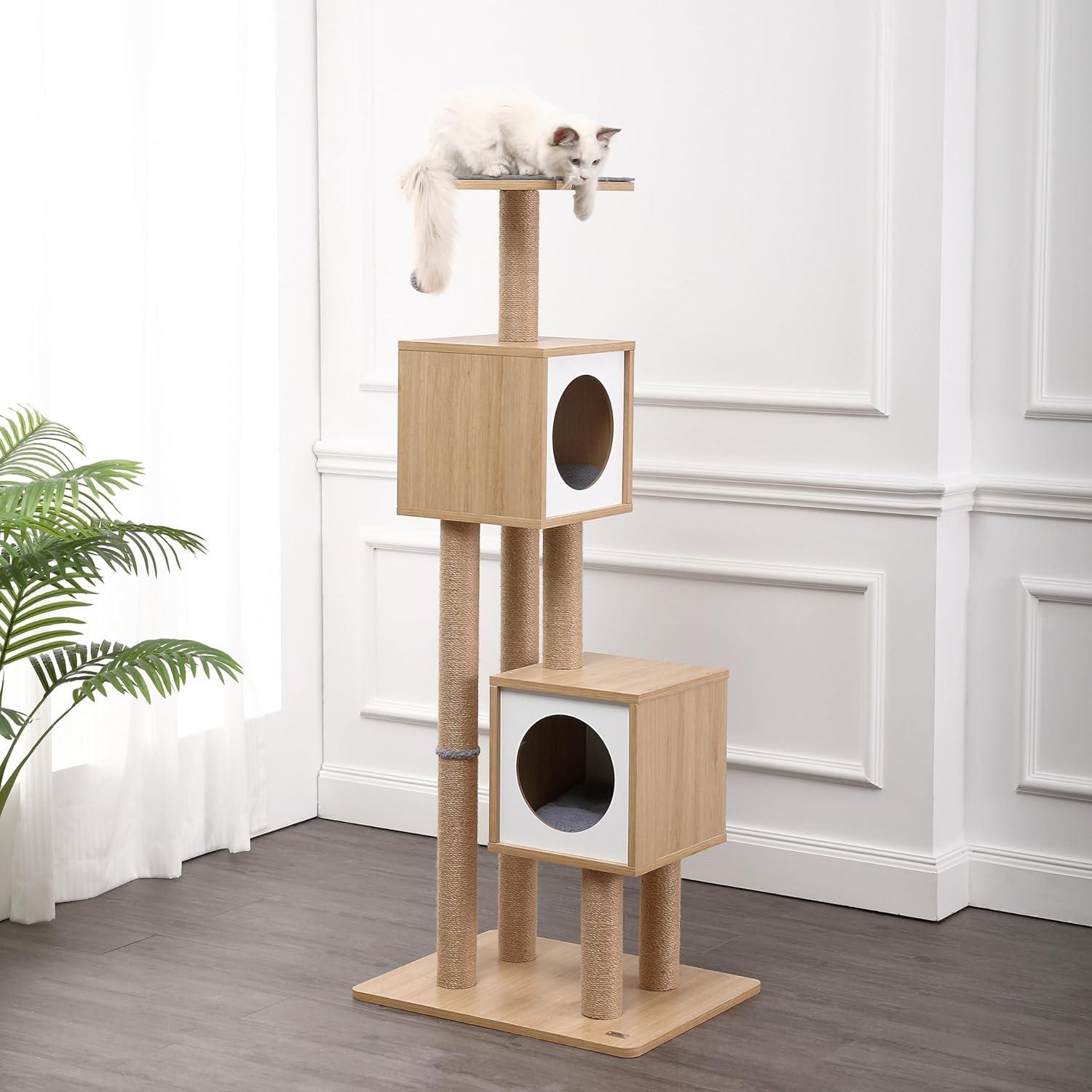Sawyer 56" 3-Tier Minimalist Jute Cat Tree Condo with Scratching posts, and Fuzzy Toy, Brown/White