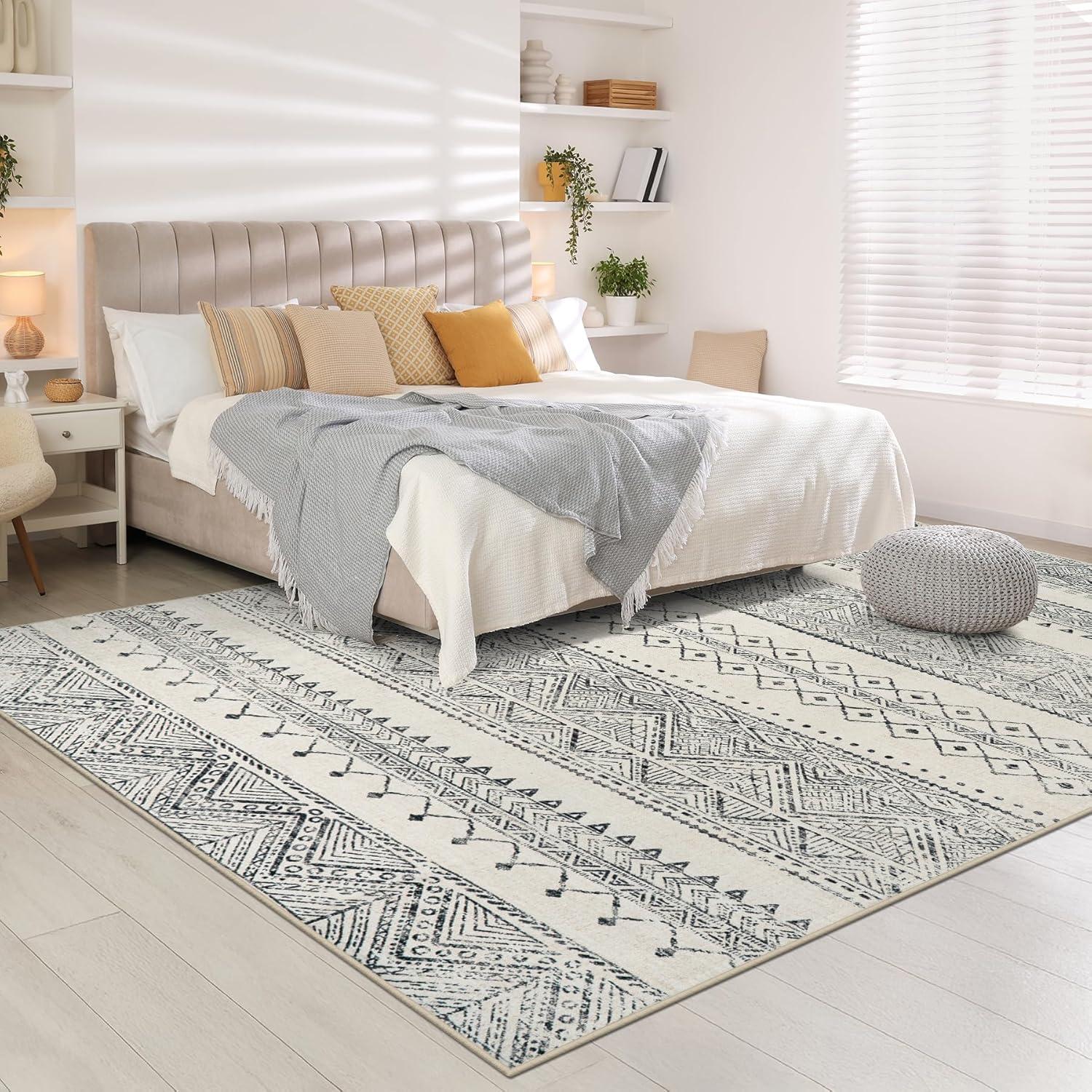 FairOnly 9'x12' Brown White Area Rugs Machine Washable Vintage Rugs for Bathroom Geometric Moroccan Ultra-Thin Area Rugs for Family Room Living Room Carpet