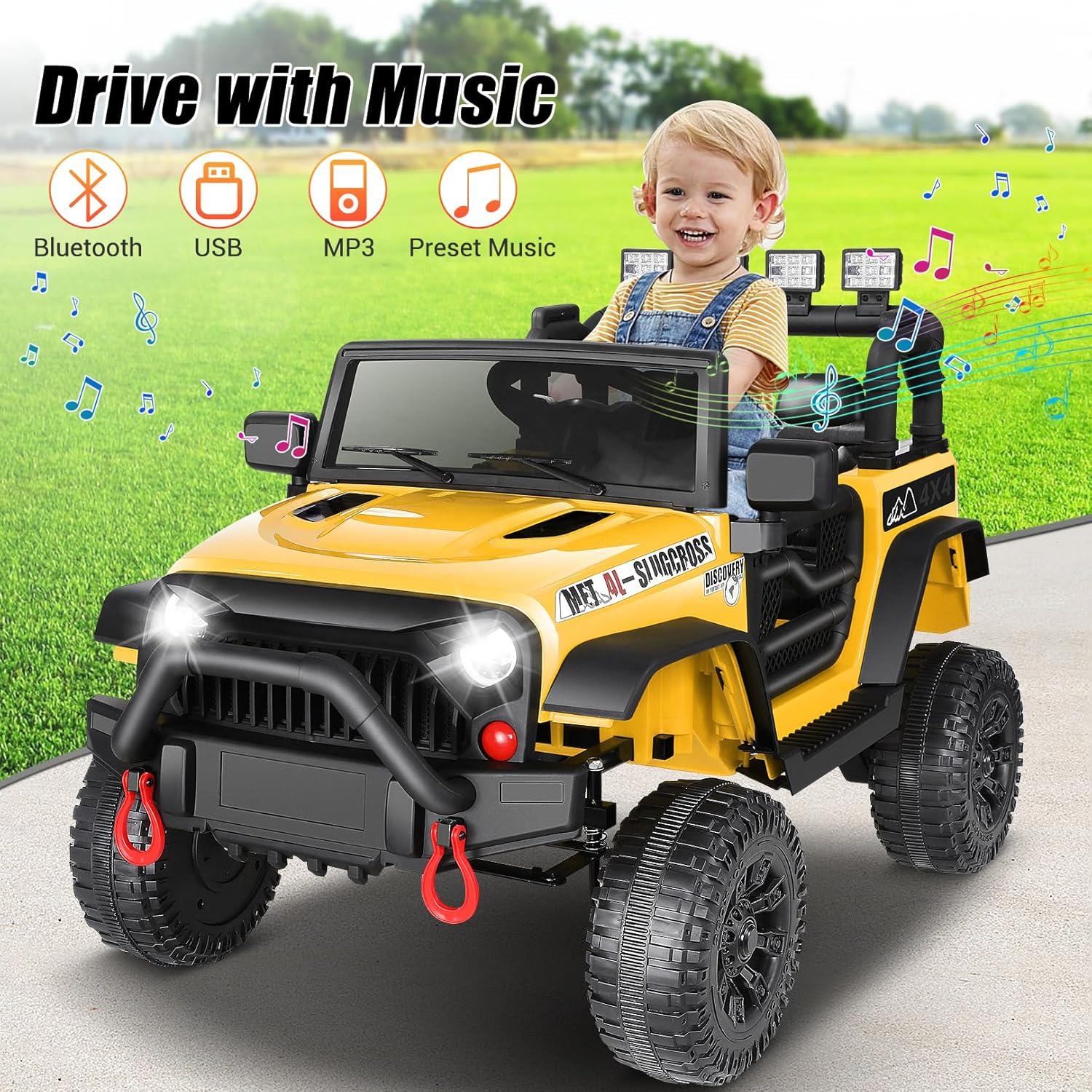 24V Electric Ride on Jeeps for Kids, Ride On Car Truck with Remote Control, Battery Power Car Wheels for Kids w/LED Lights, Bluetooth, Music, 3 Speeds, 24 Volt Ride on Toys for Boys and Girls