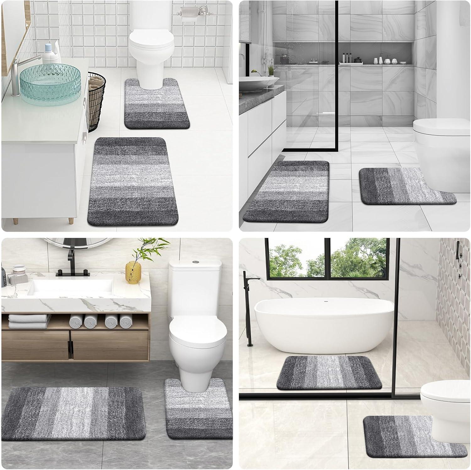 Luxury Bathroom Rug Set 2 Piece, Soft Absorbent Microfiber Bath Rug Set, Non-Slip Striped Bath Carpet, Machine Wash Dry, Bath Mats For Bathroom (30"X20"+24"X16", Grey)