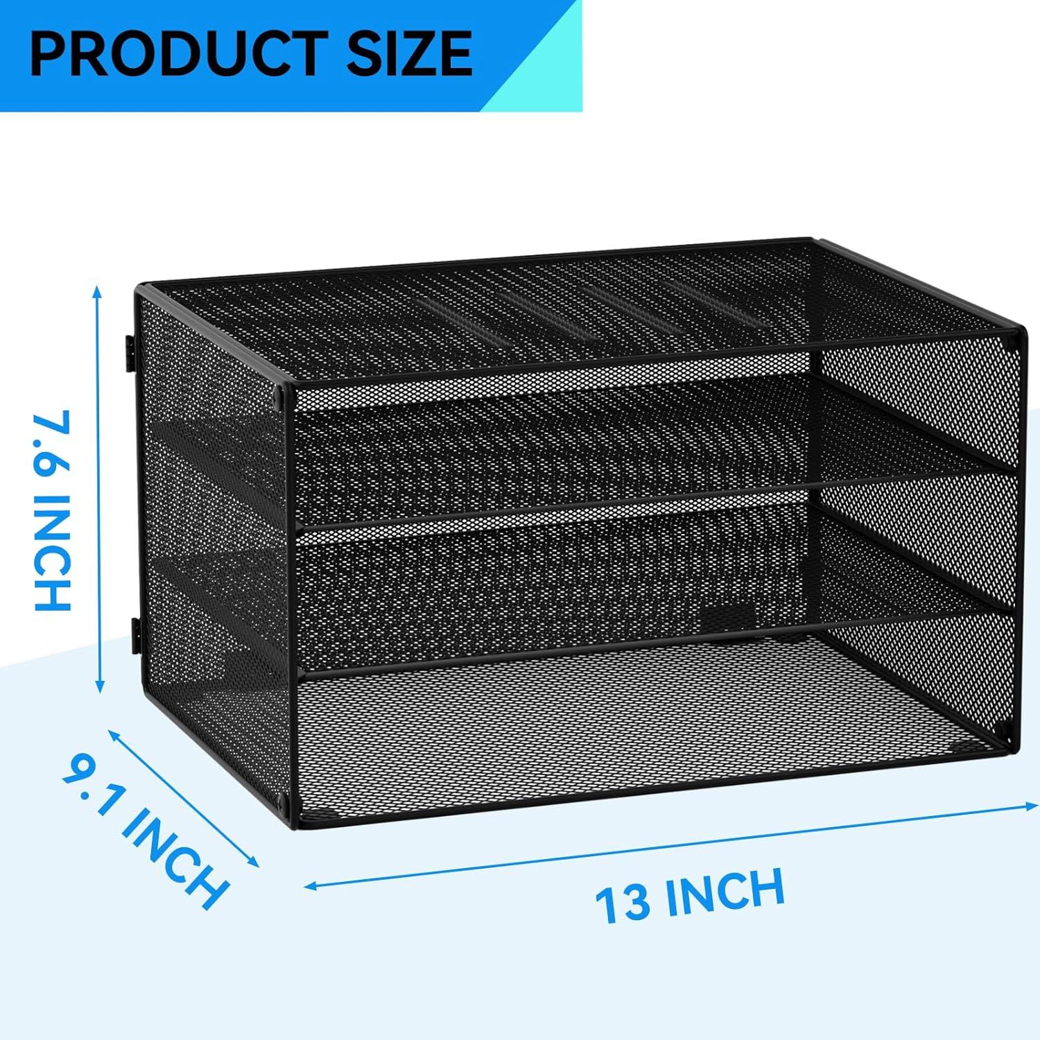 Paper Letter Tray Organizer, 3 Tier Mesh File Tray Desktop Paper Sorter with Drawer, Black