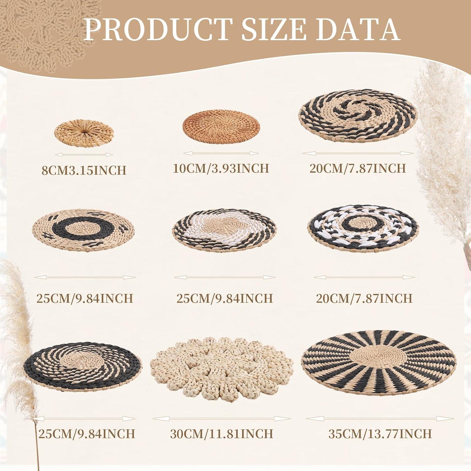 Tatuo 11 Pcs Boho Wall Basket Decor Decorative Bulrush Woven Basket Wall Decor Art Round Farmhouse Hanging Baskets for Kitchen Rustic Home Summer Decorations, Multi Sizes(Retro)