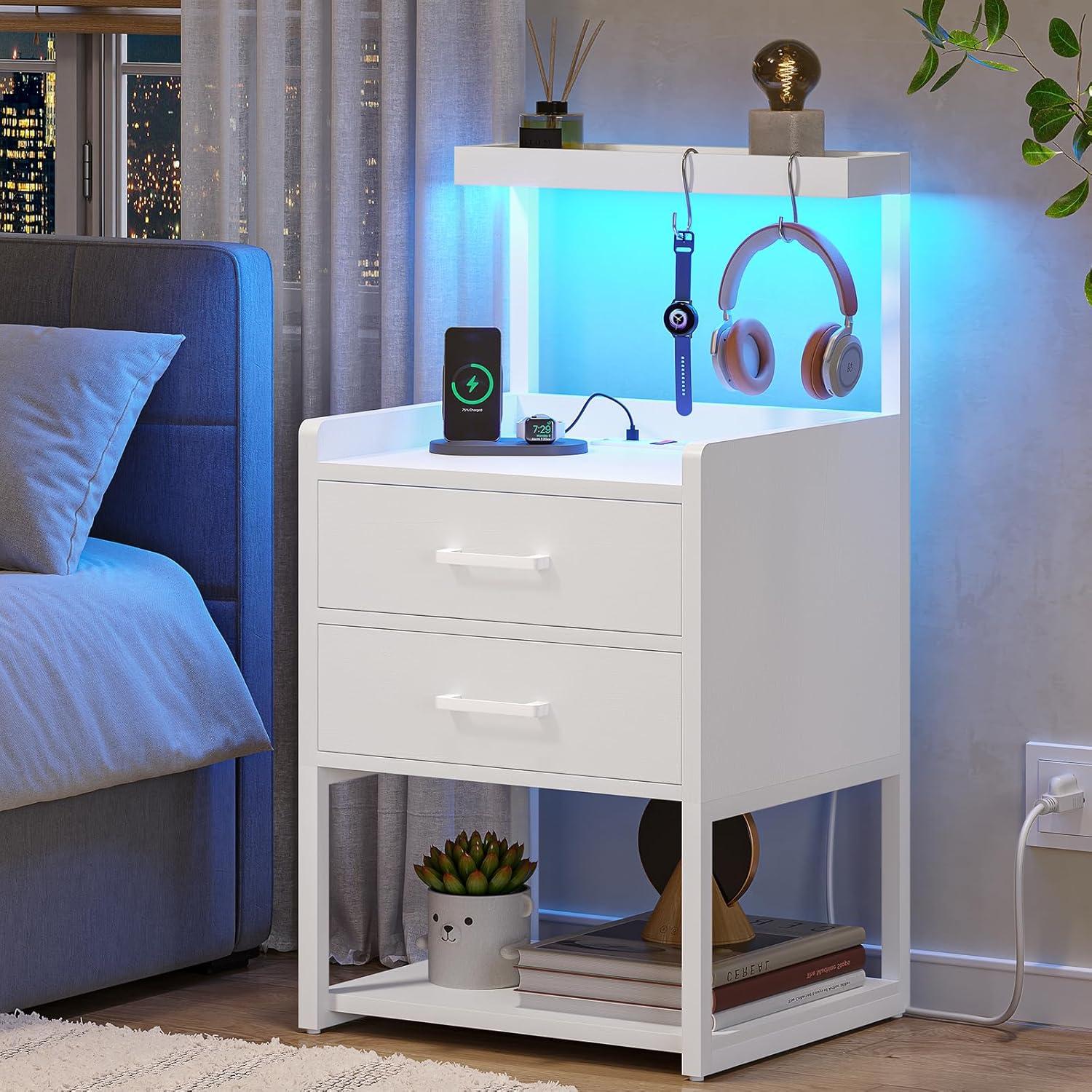 White LED Nightstand with Charging Station and Storage Shelves