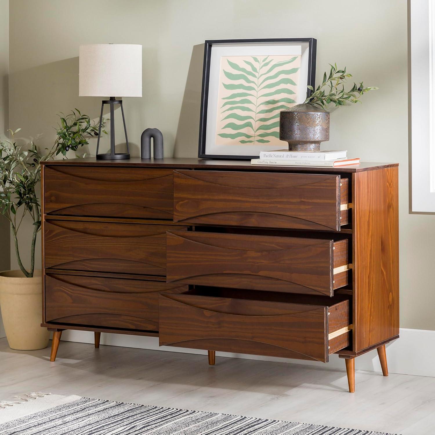 Walker Edison 58” Mid-Century Modern Curved Front 6-Drawer Dresser, Walnut
