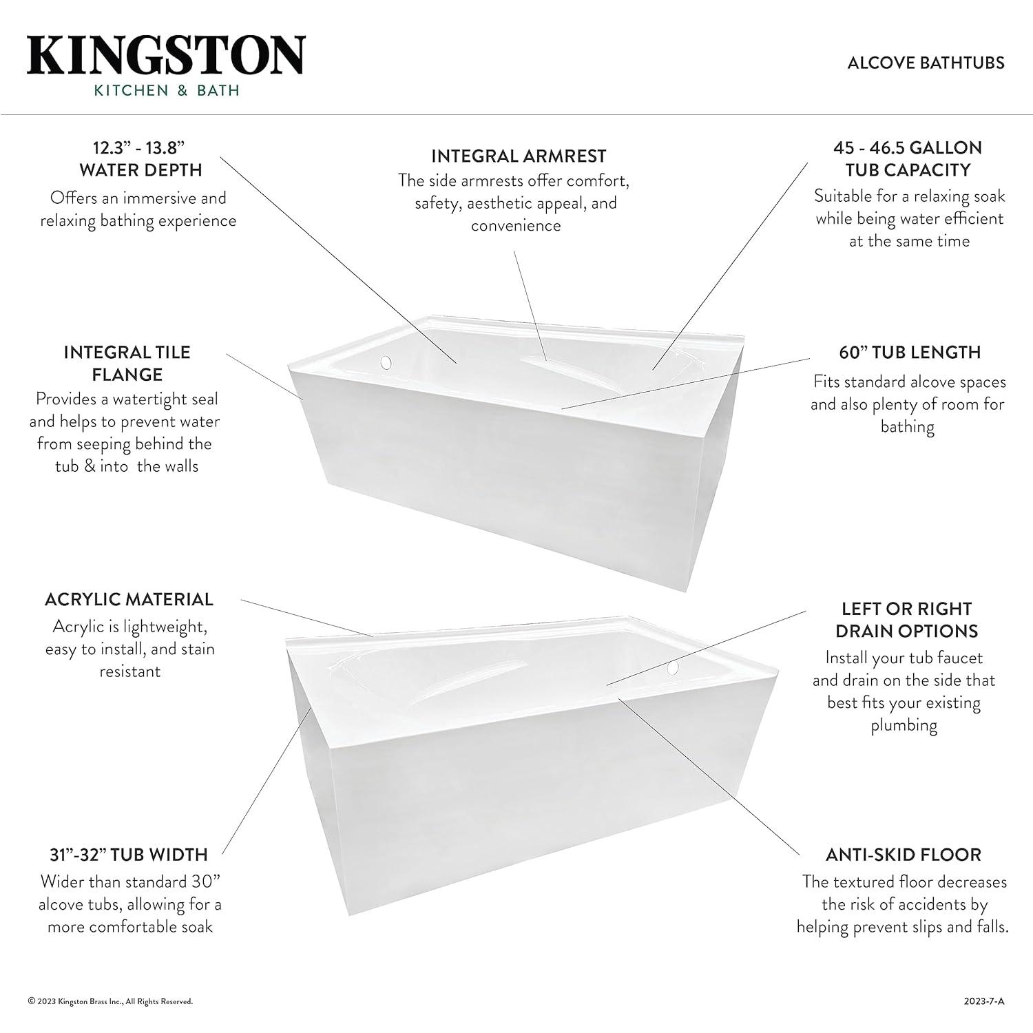 Kingston Brass Aqua Eden 60-Inch Acrylic Rectangular 2-Wall Corner Alcove Tub, Hand Drain