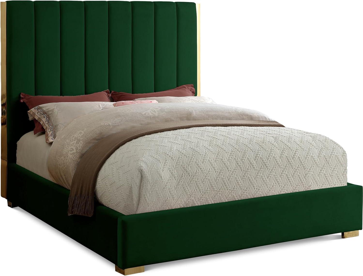 Elegant Becca Green Velvet Queen Bed with Polished Gold Frame