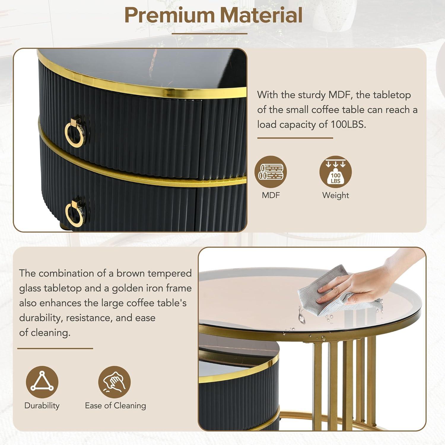 Modern Round Nesting Coffee Table Fluted with Drawer Multiple End Tables Utility Table Telephone Table for Living Room Office Bedroom Balcony, White & Gold