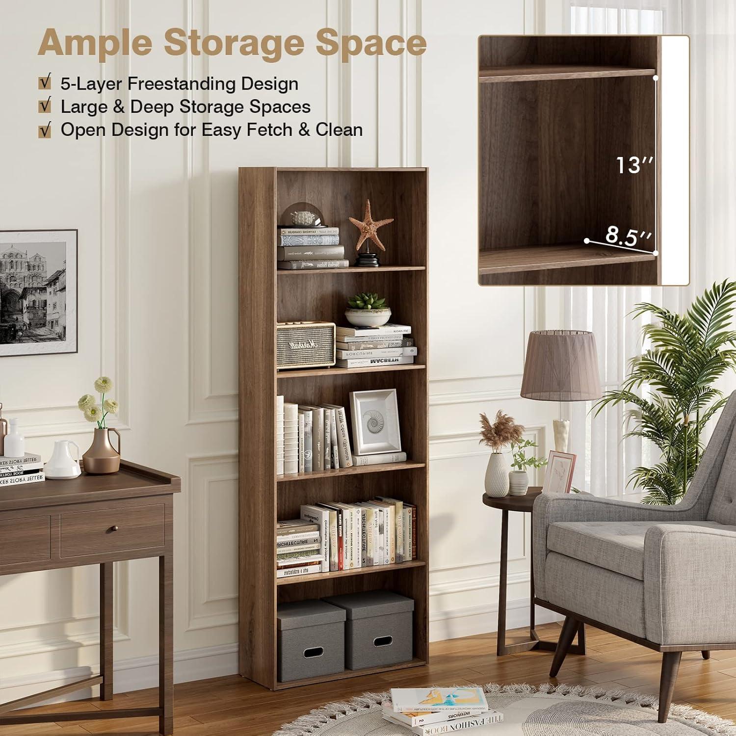 Costway 5-Shelf Storage Bookcase Stand Modern Multi-Functional Display Cabinet Walnut