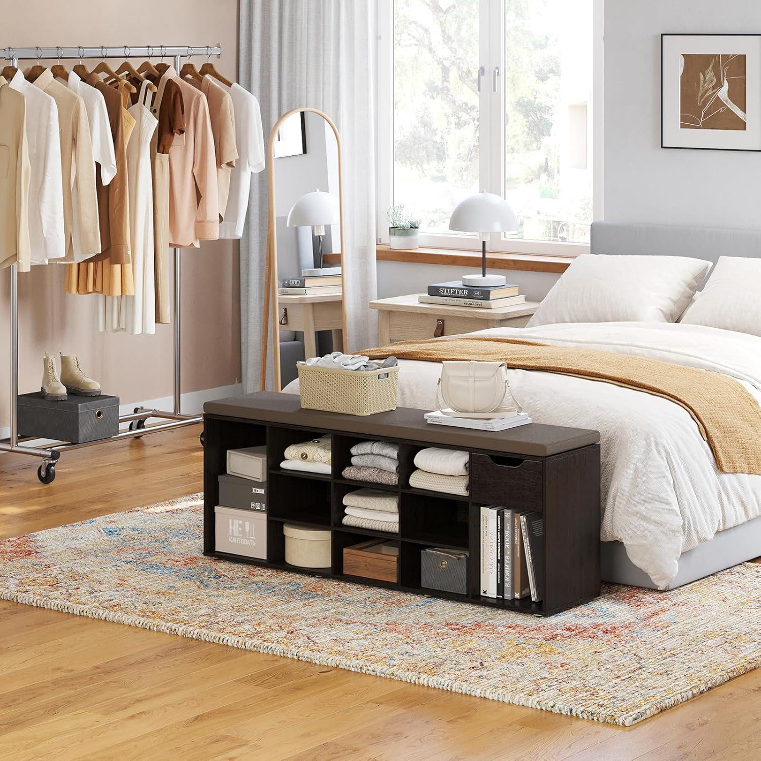 Shoe Rack Bench with Cushion 15-Cube Storage Bench Storage Cabinet for Entryway Espresso