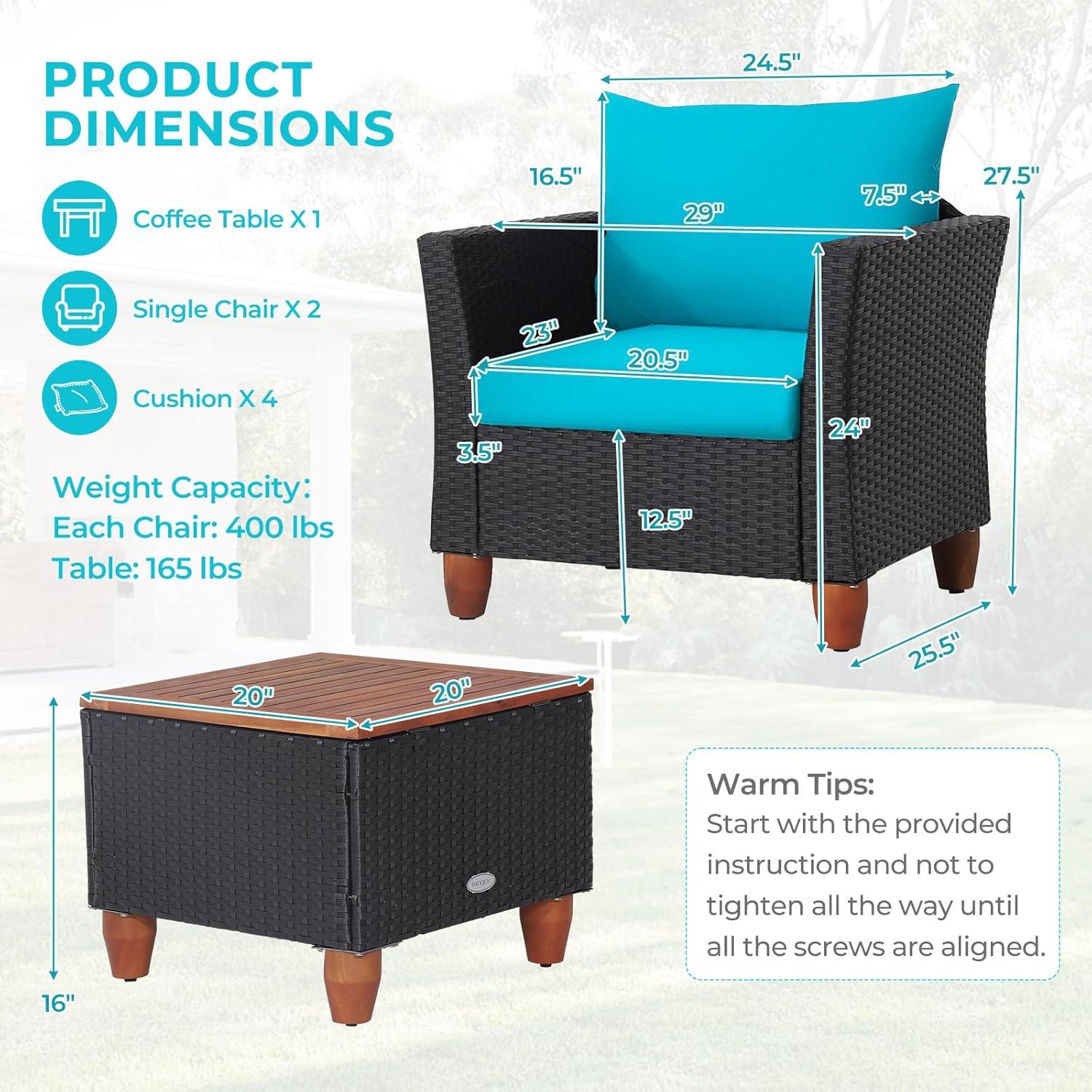 Tangkula 3PCS Patio Rattan Conversation Set Outdoor Furniture Set w/ Turquoise Cushions