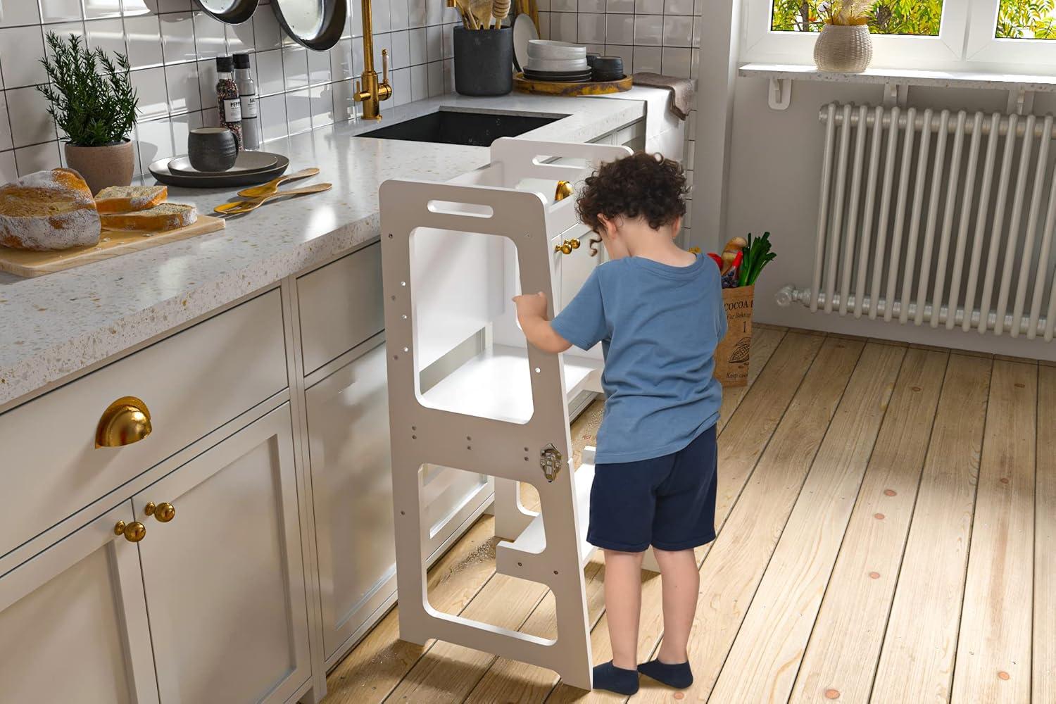 Avenlur Date 4-in-1 Foldable Kitchen Tower - Toddler Step Stool with Chalkboard, Desk Table and Chair - Waldorf and Montessori Kitchen Stool - Kitchen Stool Tower for Toddlers 18 Months to 6 Years